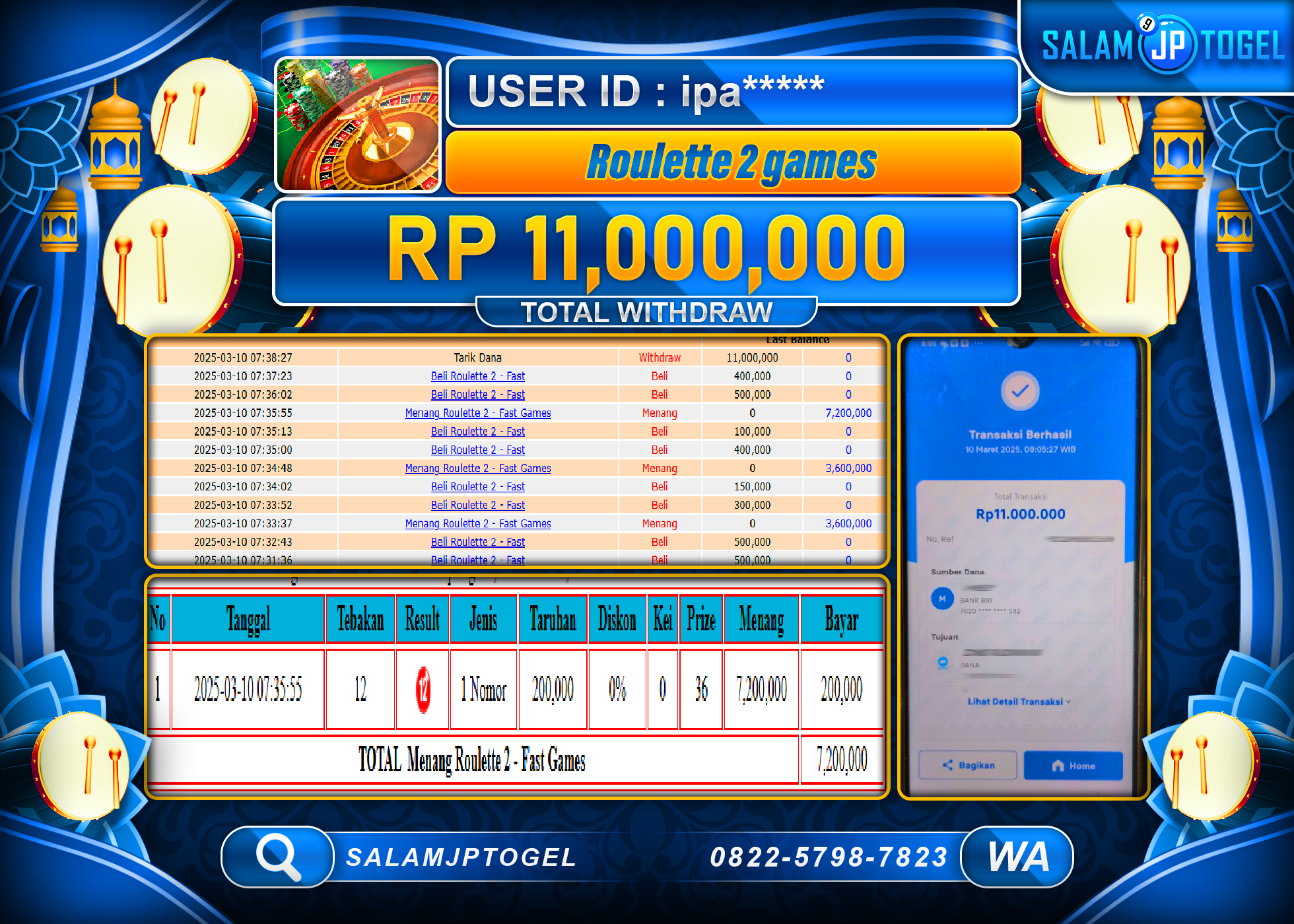 SALAMJPTOGEL MENANG ROULETTE 2 GAMES  Rp. 11,000,000 LUNAS