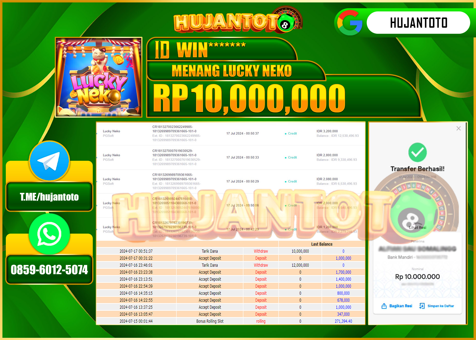 HUJANTOTO MENANG PERMAINAN SLOT LUCKY NEKO (PG SOFT) 10.000.000 -  LUNAS 
