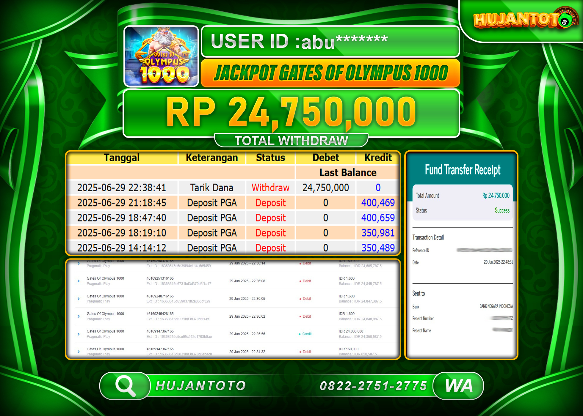 HUJANTOTO - BUKTI JACKPOT MENANG SLOT GATES OF OLYMPUS 1000 Rp.24,750,000 - TERBAYAR LUNAS