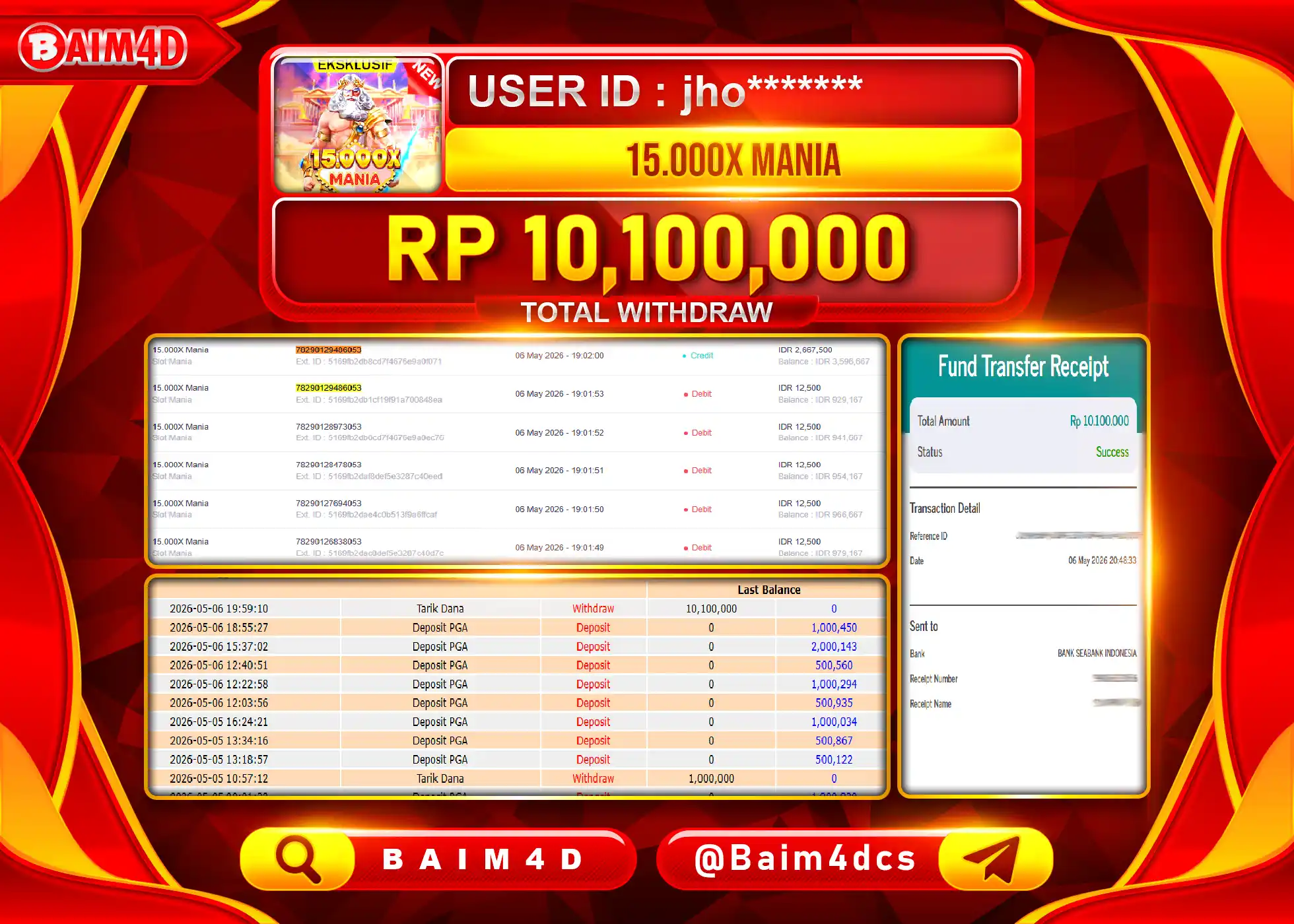 BAIM4D JACKPOT  SLOT 15000X MANIA Rp.10,100,000 - LUNAS