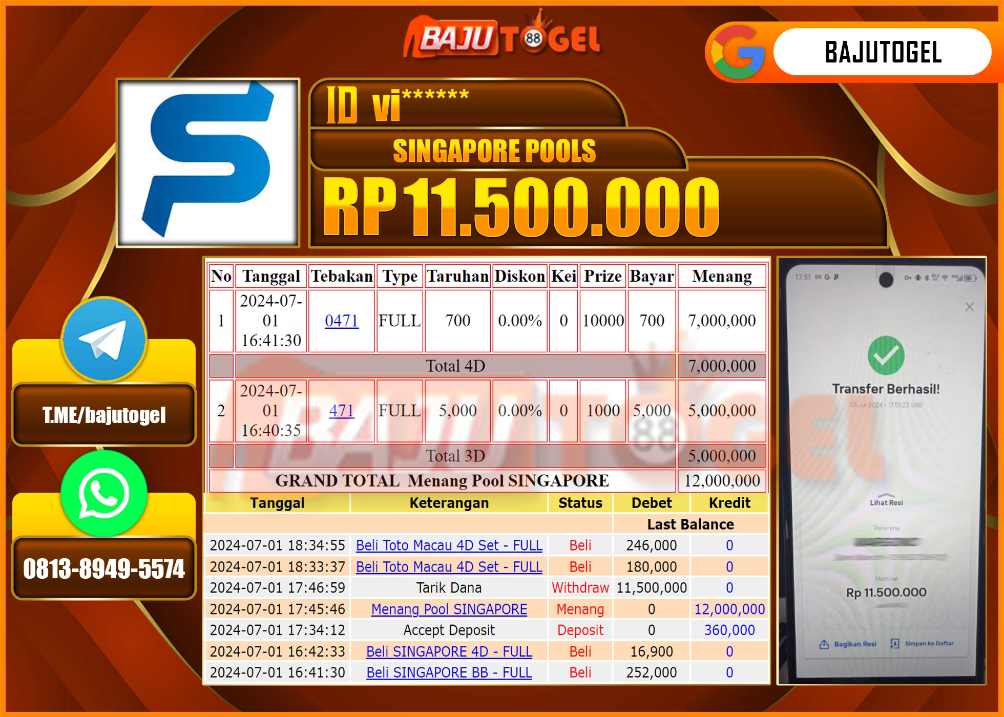 BAJUTOGEL KEMENANGAN PASARAN SINGAPORE Rp.11.500.000 LUNAS