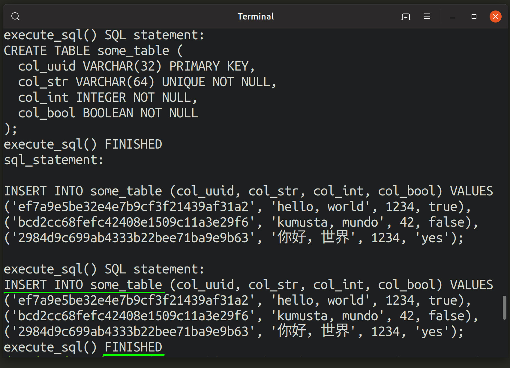 Screenshot of a Python script running in terminal to create a PostgreSQL table and insert rows of data