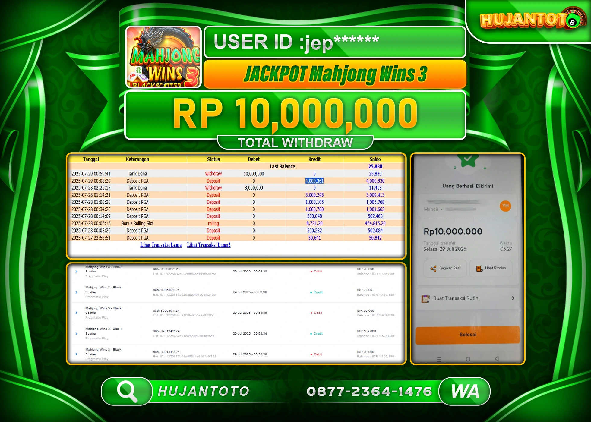 HUJANTOTO - BUKTI JACKPOT MENANG SLOT MAHJONG WINS 3 Rp.10,000,000 - TERBAYAR LUNAS
