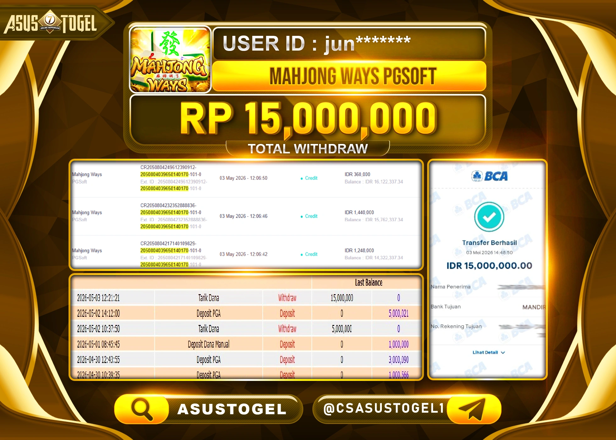 ASUSTOGEL KEMENANGAN JACKPOT DI PERMAINAN MAHJONG WAYS SEBESAR Rp.15,000,000 - RUPIAH LUNAS