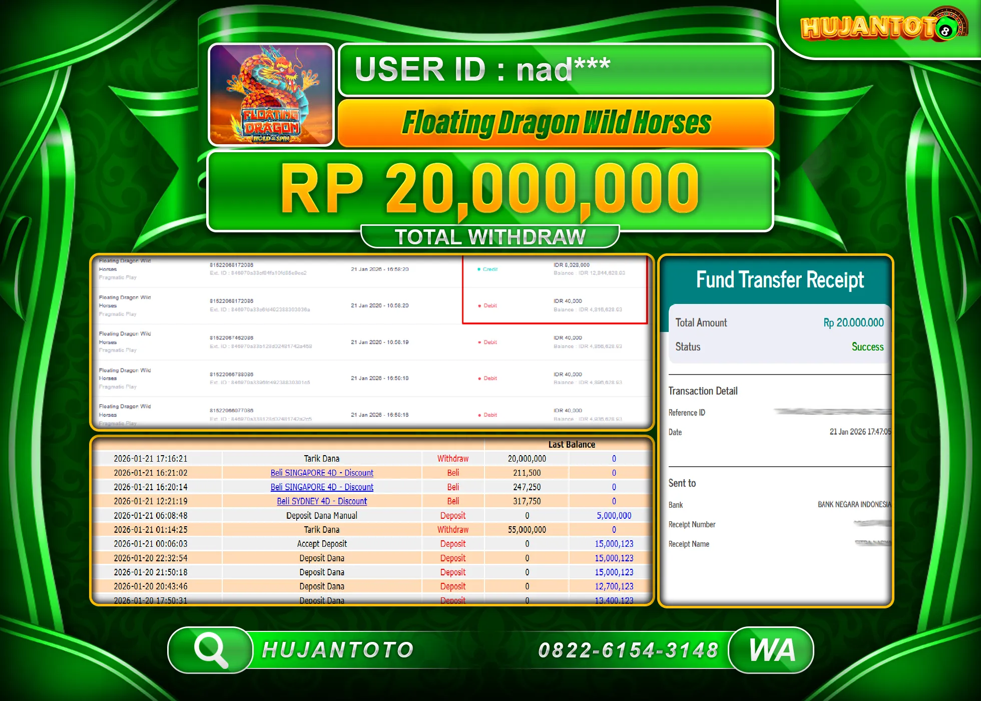 HUJANTOTO - BUKTI JACKPOT MENANG SLOT FLOATING DRAGON WILD HORSES Rp.20,000,000 - TERBAYAR LUNAS