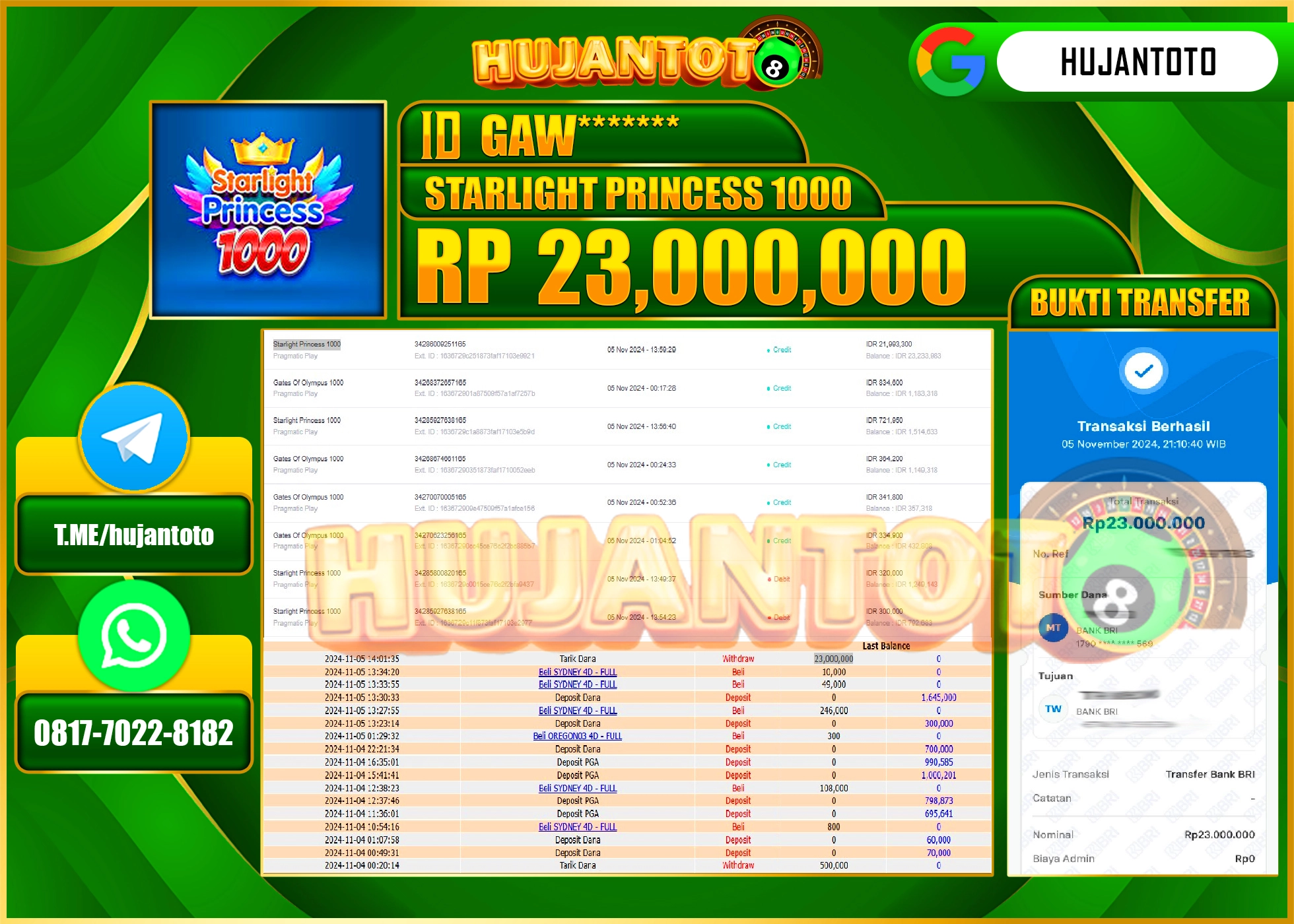 HUJANTOTO MENANG DI PERMAINAN STARLIGHT PRINCESS   - 23,000,000 - LUNAS