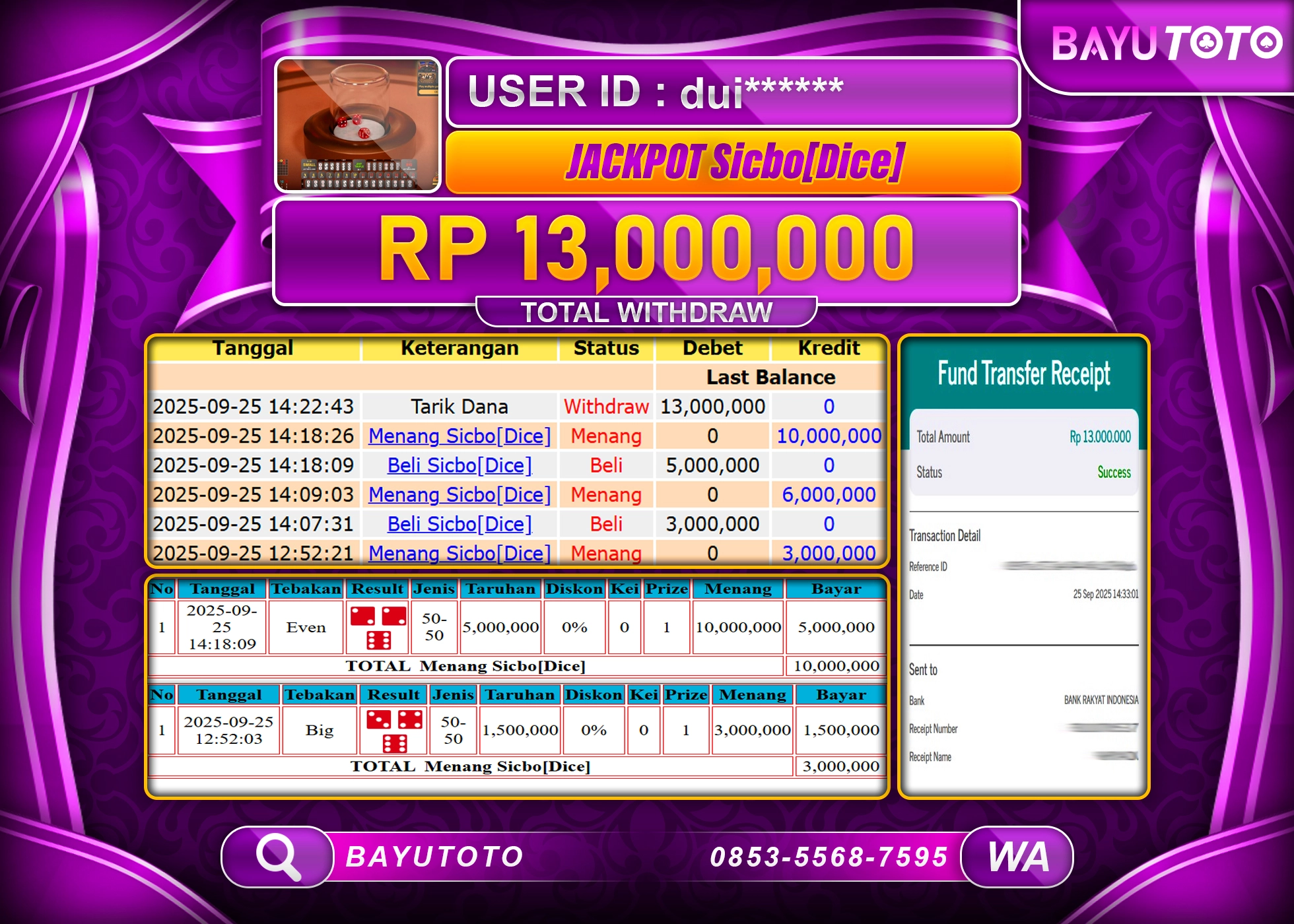 BAYUTOTO JACKPOT DI GAME  LIVEGAMES PP LIVE GAME SICBO DICE  Rp.13,000,000 LUNAS
