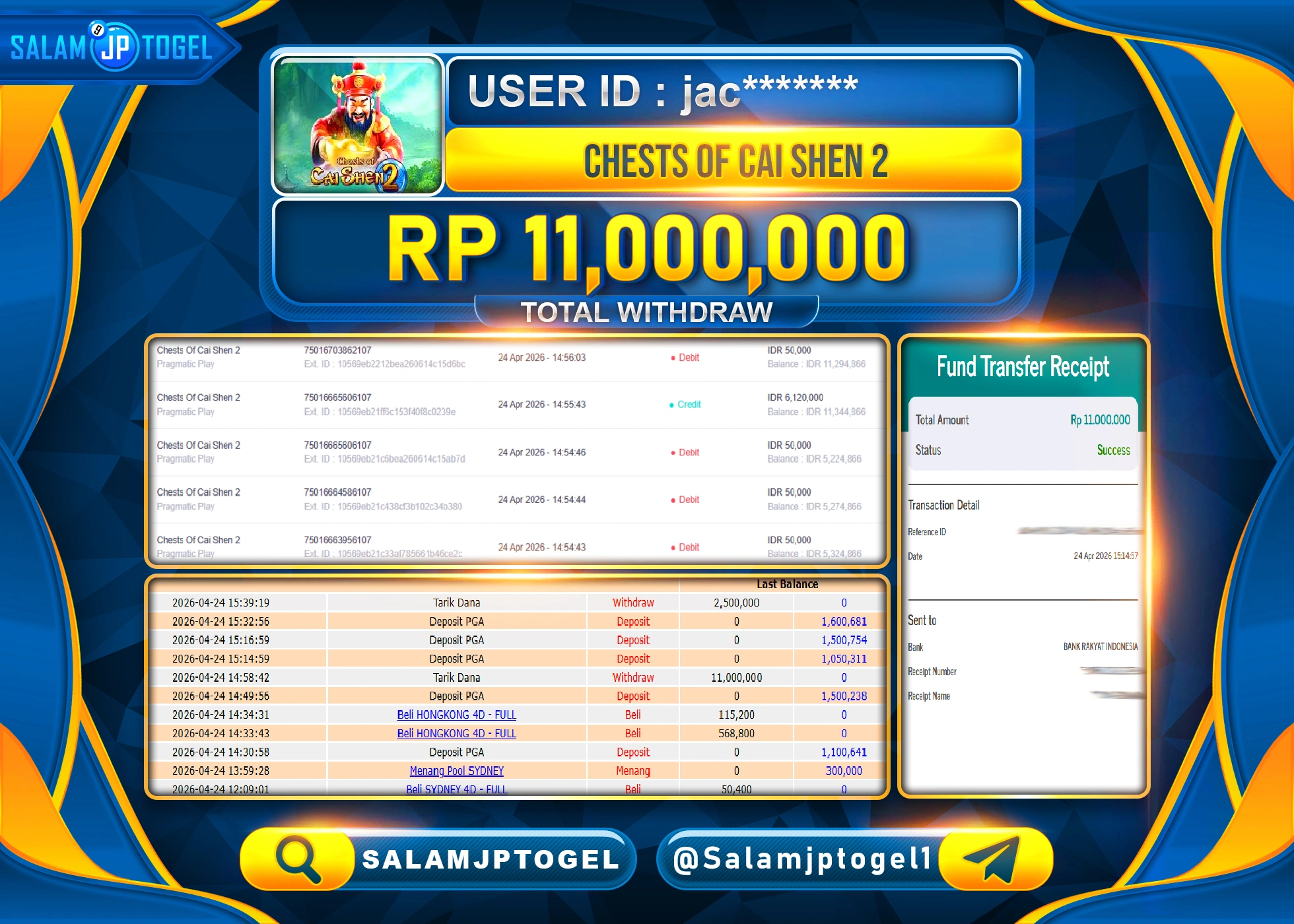 SALAMJPTOGEL MENANG JACKPOT SLOT CHESTS OF CAI SHEN 2 Rp.11,000,000 - LUNAS