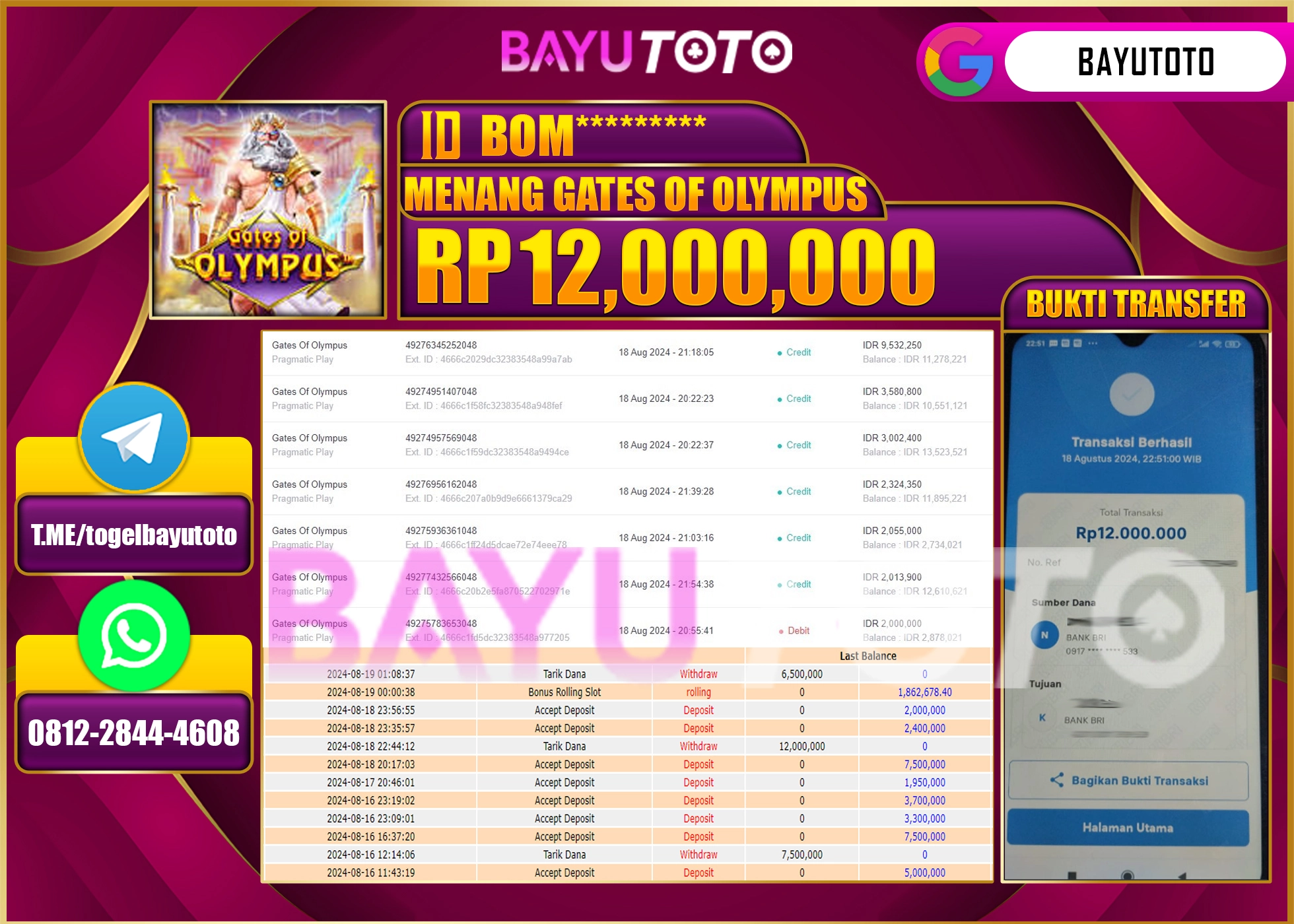 BAYUTOTO MENANG SLOT GATES OF OLYMPUS 12.000.000 - LUNAS