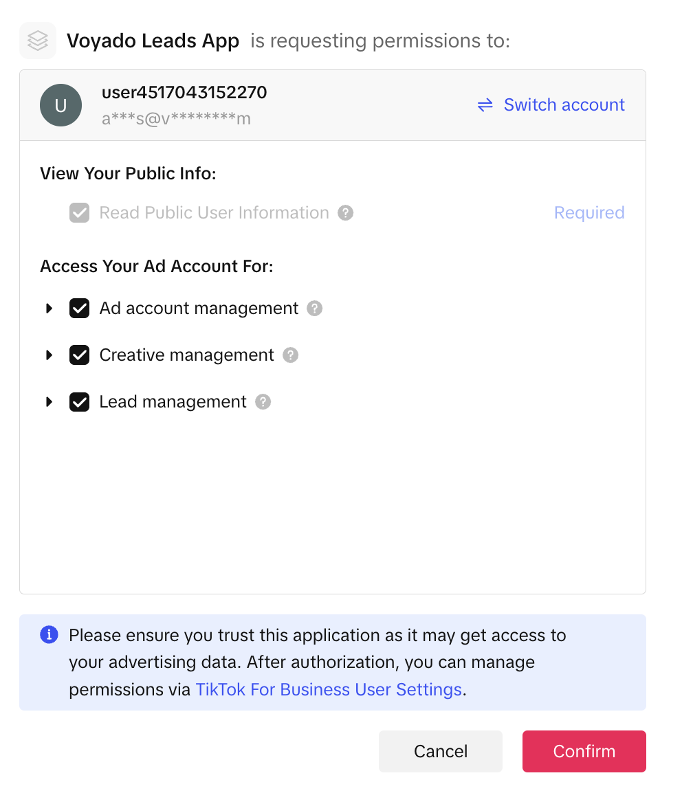 Screenshot showing Leads permissions dialog with the account information