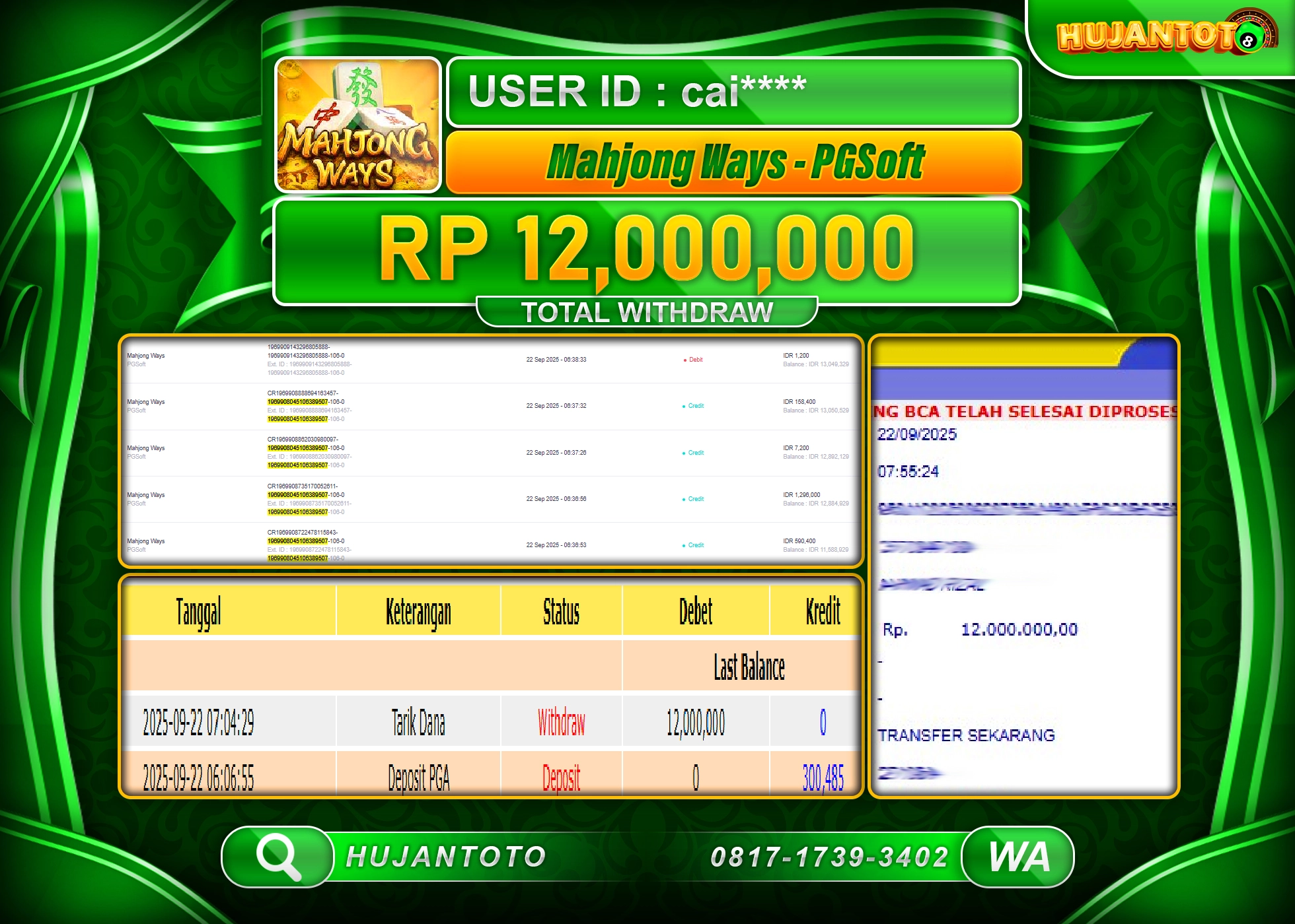 HUJANTOTO - BUKTI JACKPOT MENANG SLOT PG SOFT MAHJONG WAYS Rp.12,000,000 - TERBAYAR LUNAS