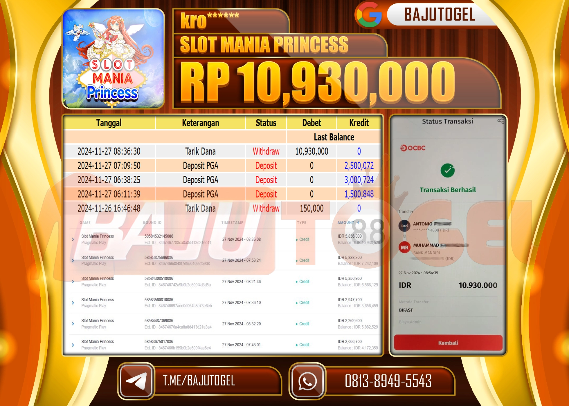 BAJUTOGEL JACKPOT MANIA PRINCESS Rp.10.930.000 LUNAS