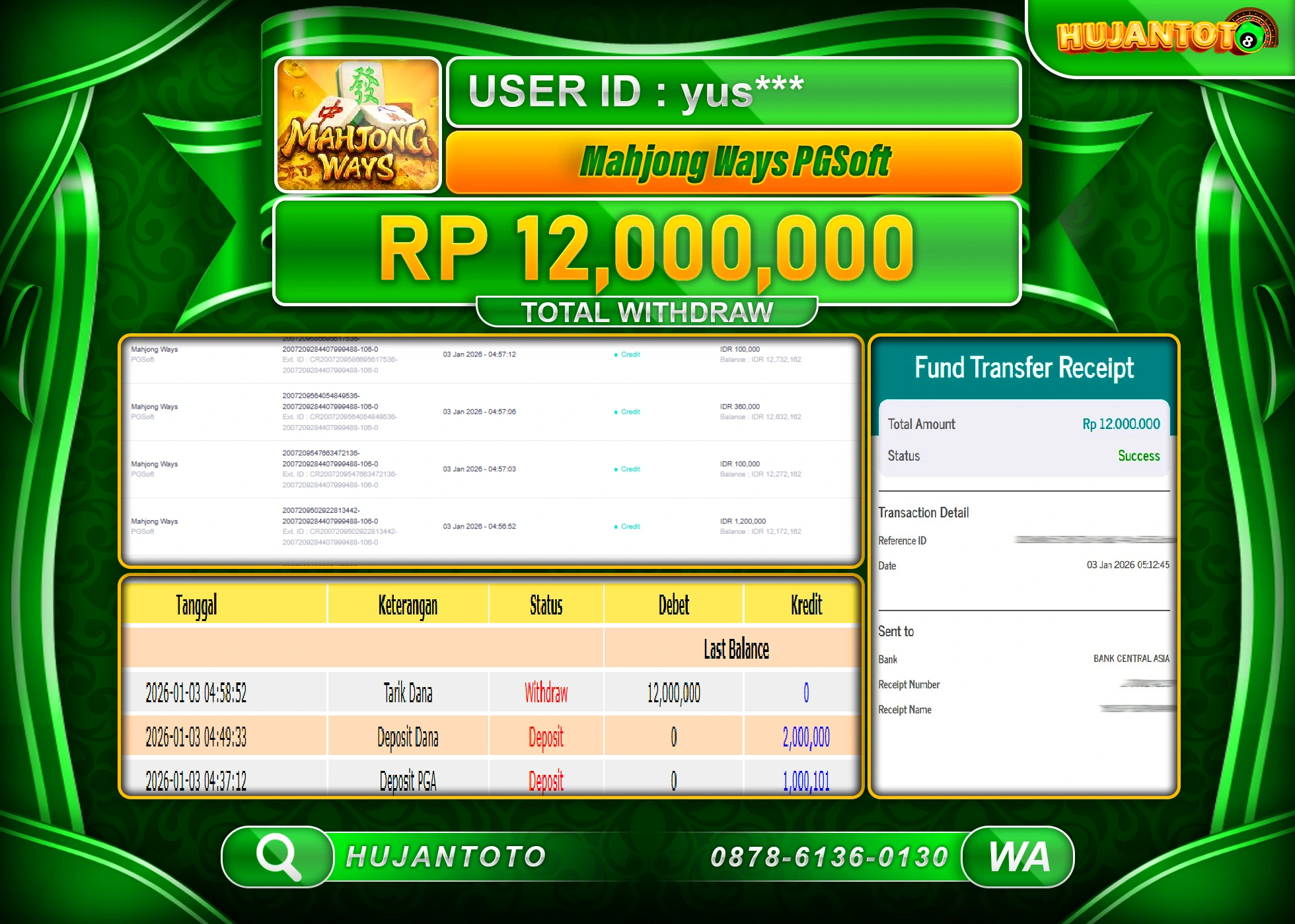 HUJANTOTO - BUKTI JACKPOT MENANG SLOT MAHJONG WAYS Rp.12,000,000 - TERBAYAR LUNAS