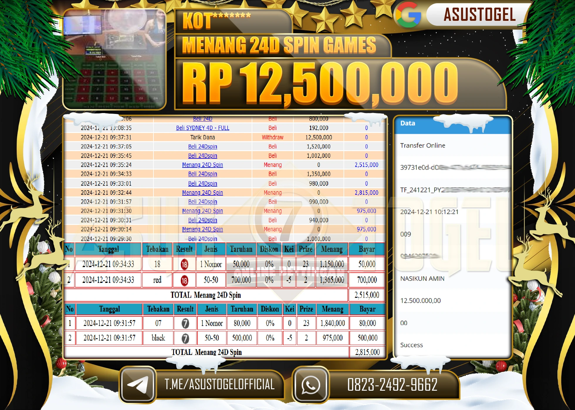 ASUSTOGEL KEMENANGAN DI LIVEGAME 2D SPIN GAMES 12,500,000- RUPIAH LUNAS