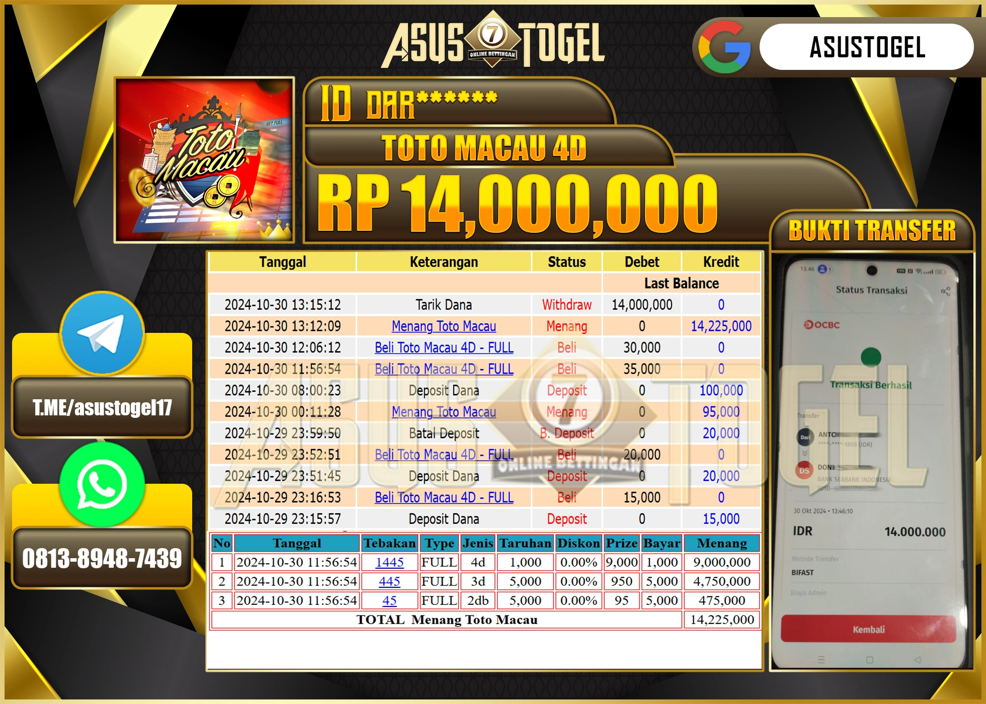 ASUSTOGEL KEMENANGAN DI GAMES  MENANG DI TOTO MACAU 4D  SEBESAR 14,000,000 -RUPIAH LUNAS