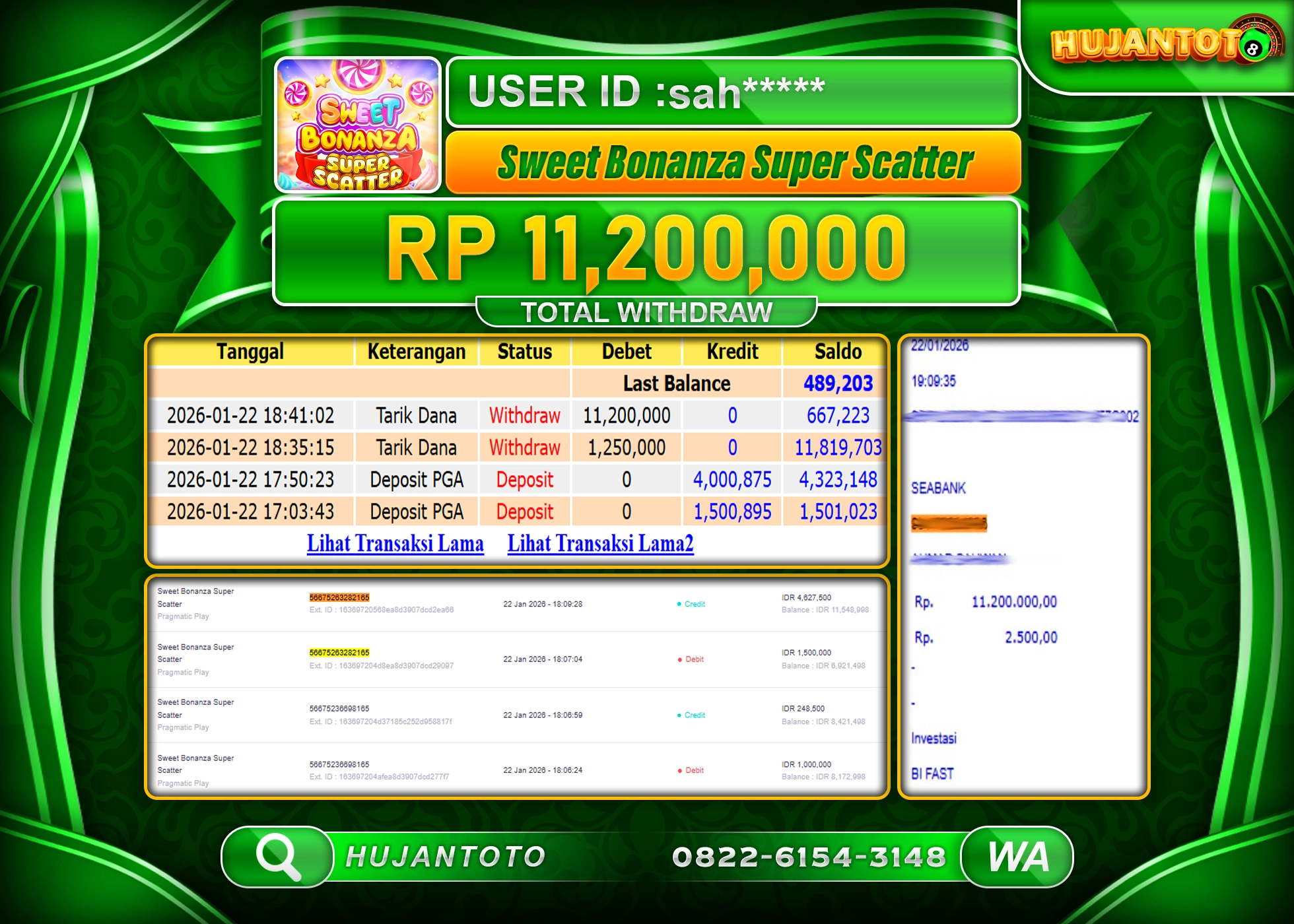 HUJANTOTO - BUKTI JACKPOT MENANG SLOT SWEET BONANZA SUPER SCATTER Rp.11,200,000 - TERBAYAR LUNAS