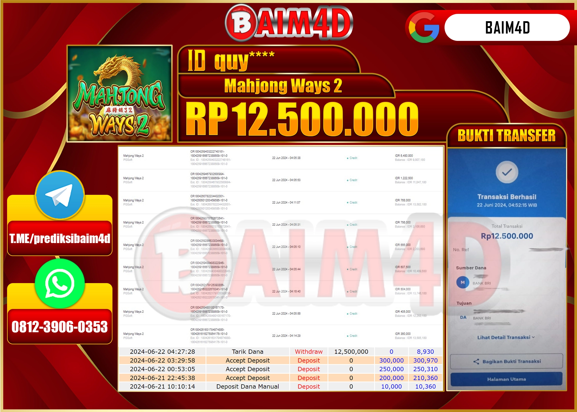 BAIM4D JACKPOT MAHJONG WAYS 2 Rp.12,500,000.- LUNAS