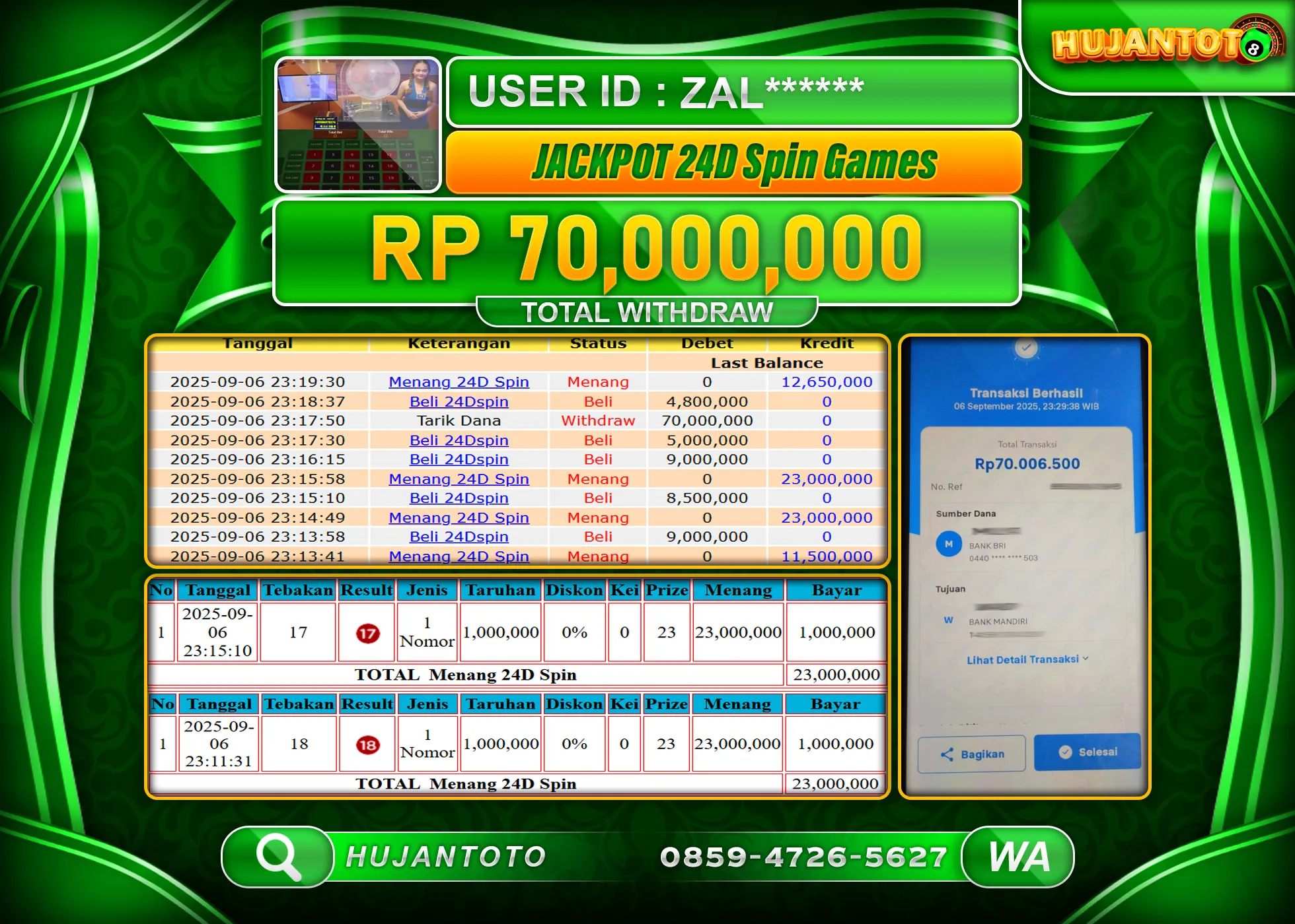 HUJANTOTO - BUKTI JACKPOT MENANG LIVE GAMES 24D SPIN Rp.70,000,000 - TERBAYAR LUNAS