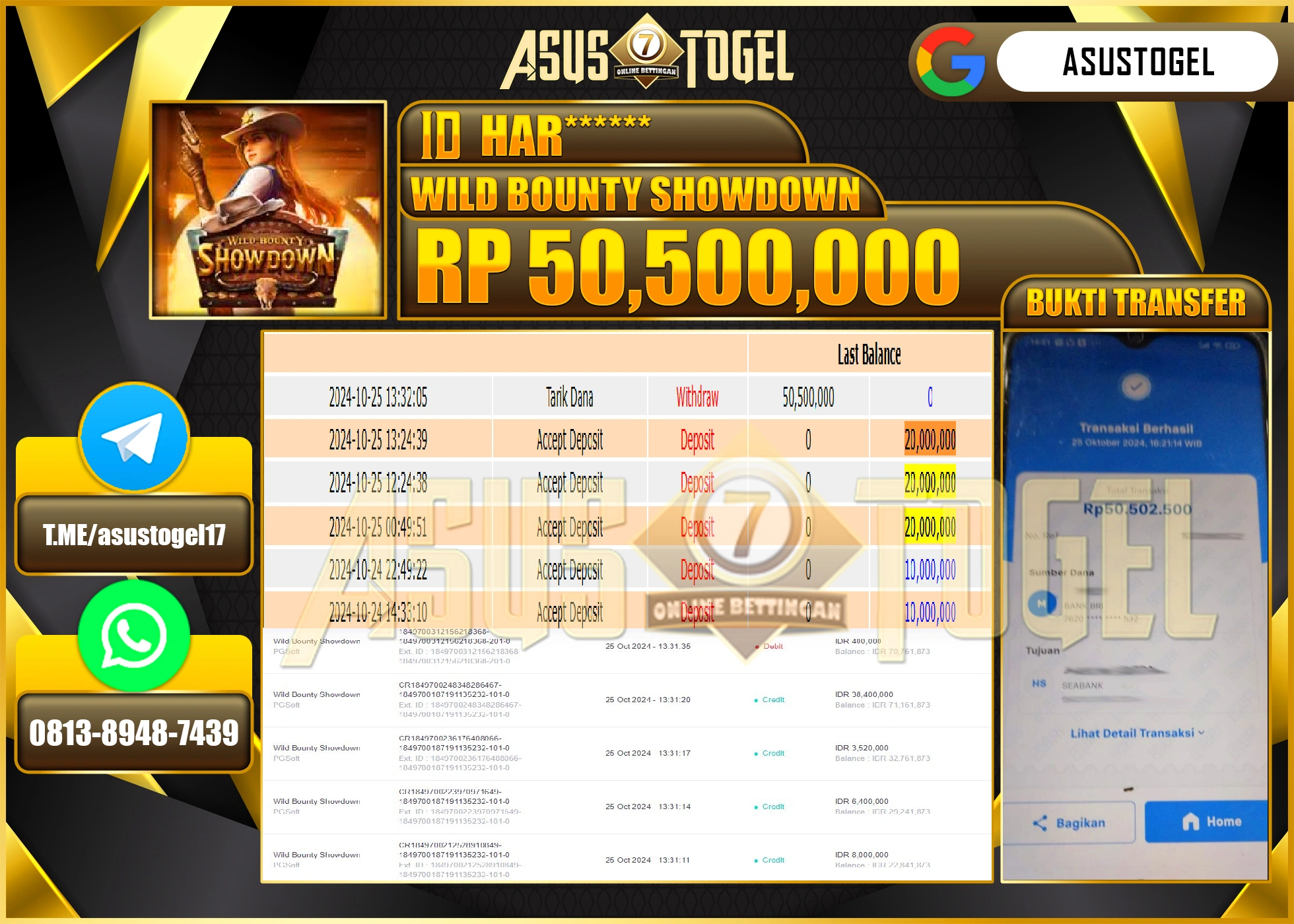 ASUSTOGEL KEMENANGAN DI WILD BOUNTY SHOWDOWN SEBESAR 50,500,000- RUPIAH LUNAS