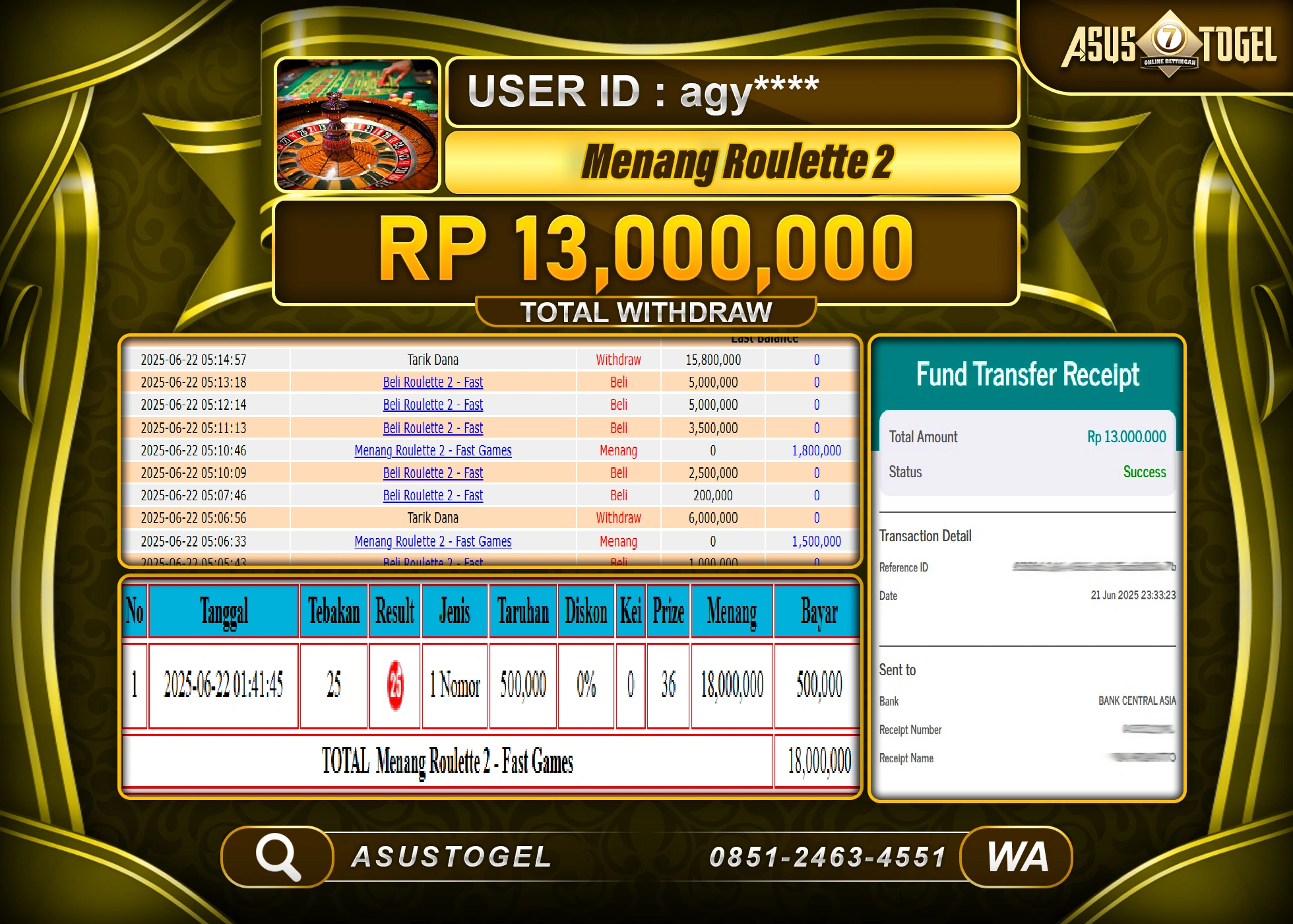 ASUSTOGEL KEMENANGAN DI LIVEGAME ROULETTE 2 SEBESAR 13,000,000- RUPIAH LUNAS