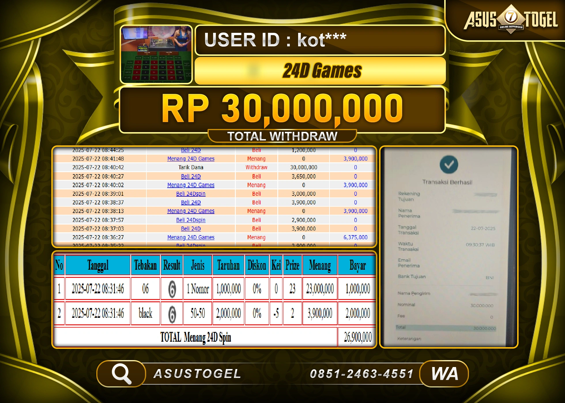 ASUSTOGEL KEMENANGAN DI LIVEGAME 24D GAMES SEBESAR 30,000,000- RUPIAH LUNAS