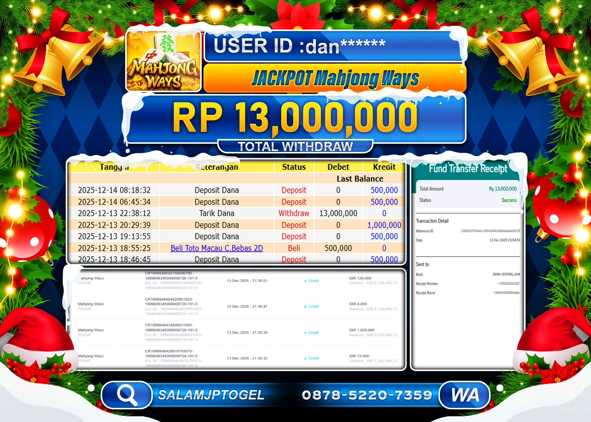 SALAMJPTOGEL JACKPOT SLOT MAHJONG WAYS Rp.13,000,000 - LUNAS