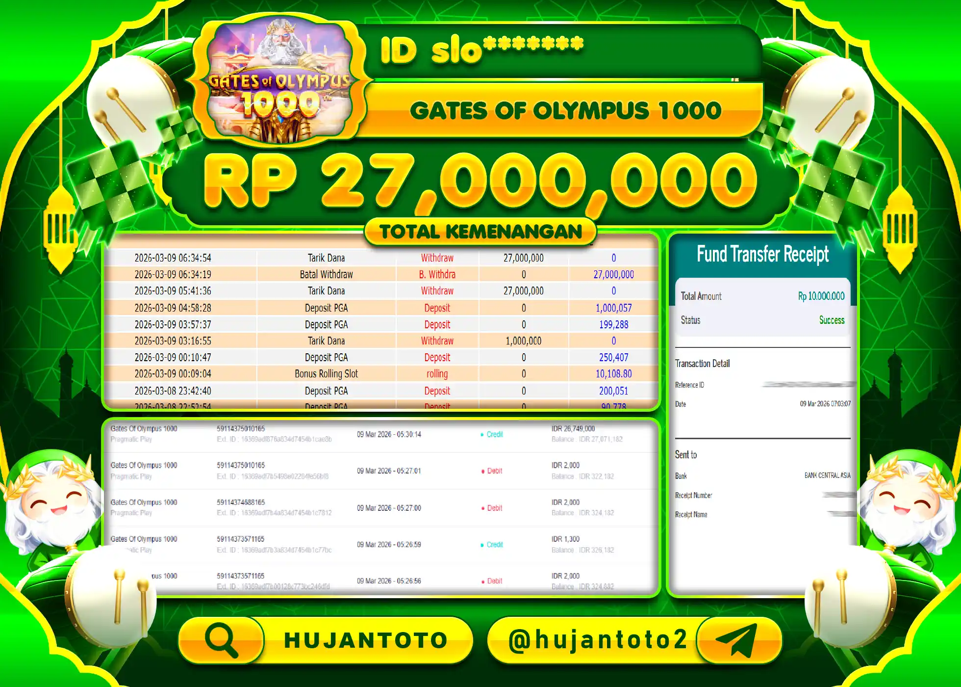 HUJANTOTO - BUKTI JACKPOT MENANG SLOT GATES OF OLYMPUS 1000 Rp.27,000,000 - TERBAYAR LUNAS