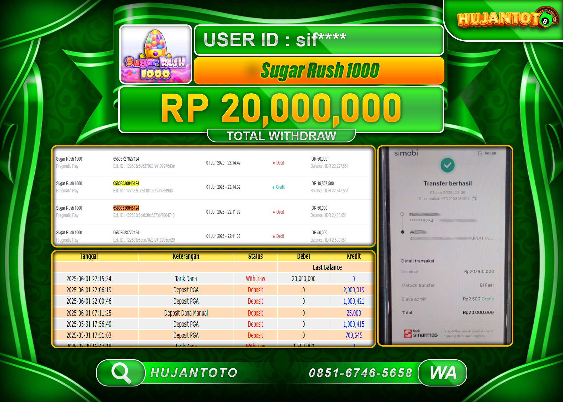 HUJANTOTO - BUKTI JACKPOT MENANG SLOT SUGAR RUSH 1000 Rp.20,000,000 - TERBAYAR LUNAS