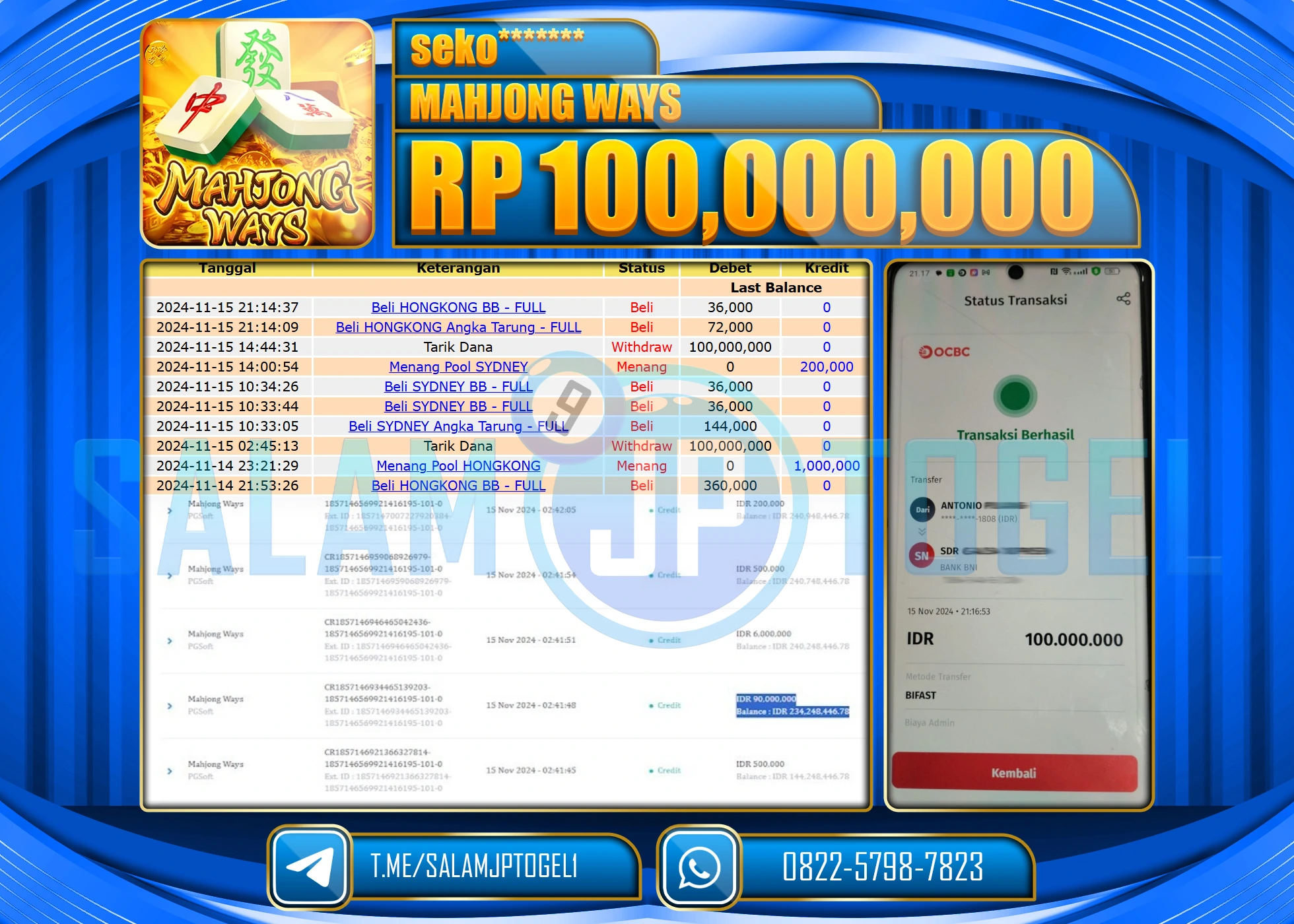 SALAMJPTOGEL MENANG PGSOFT Mahjong Ways RP.100,000,000 LUNAS