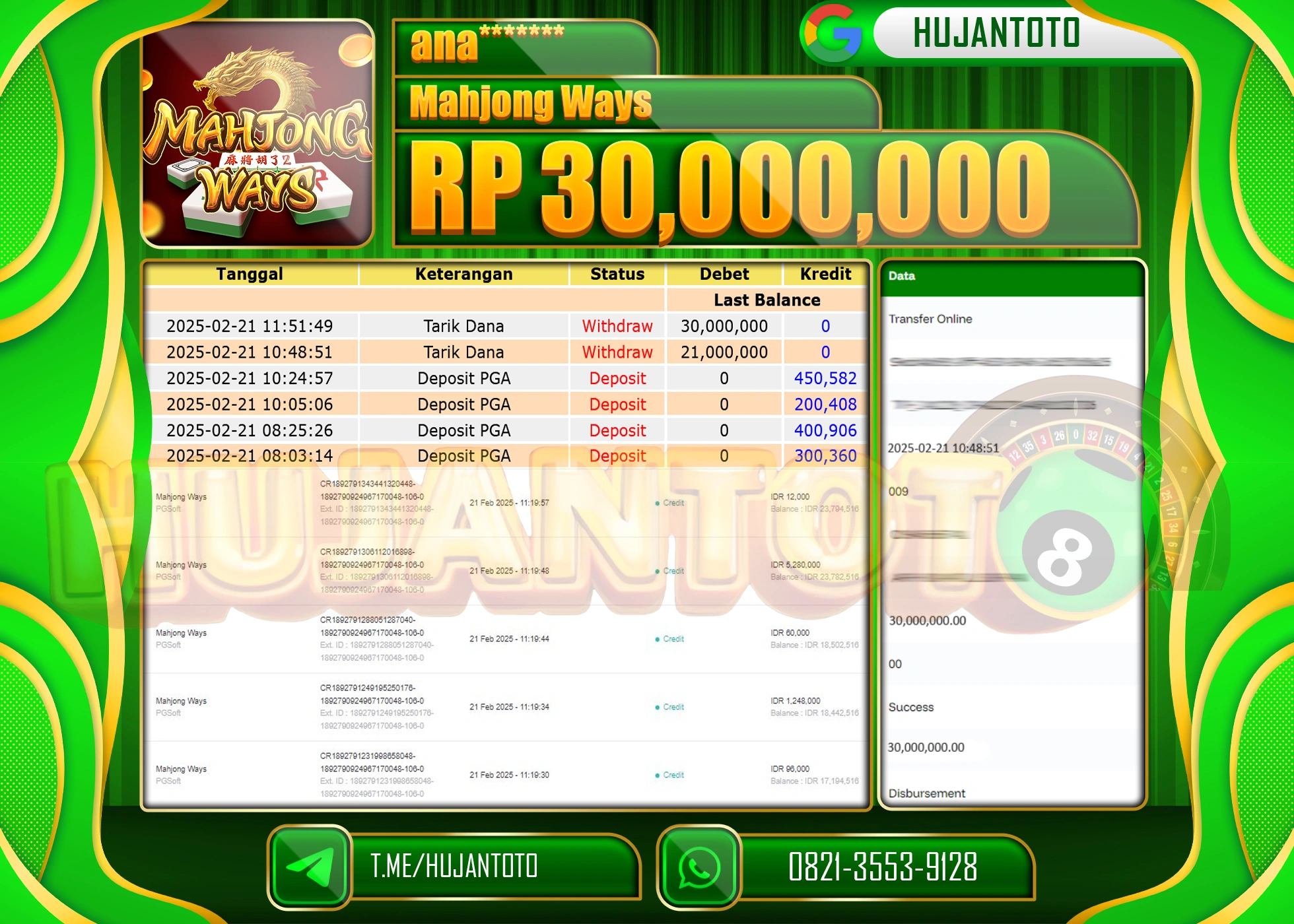 HUJANTOTO - BUKTI JACKPOT MENANG SLOT MAHJONG WAYS Rp,30,000,000 - TERBAYAR LUNAS