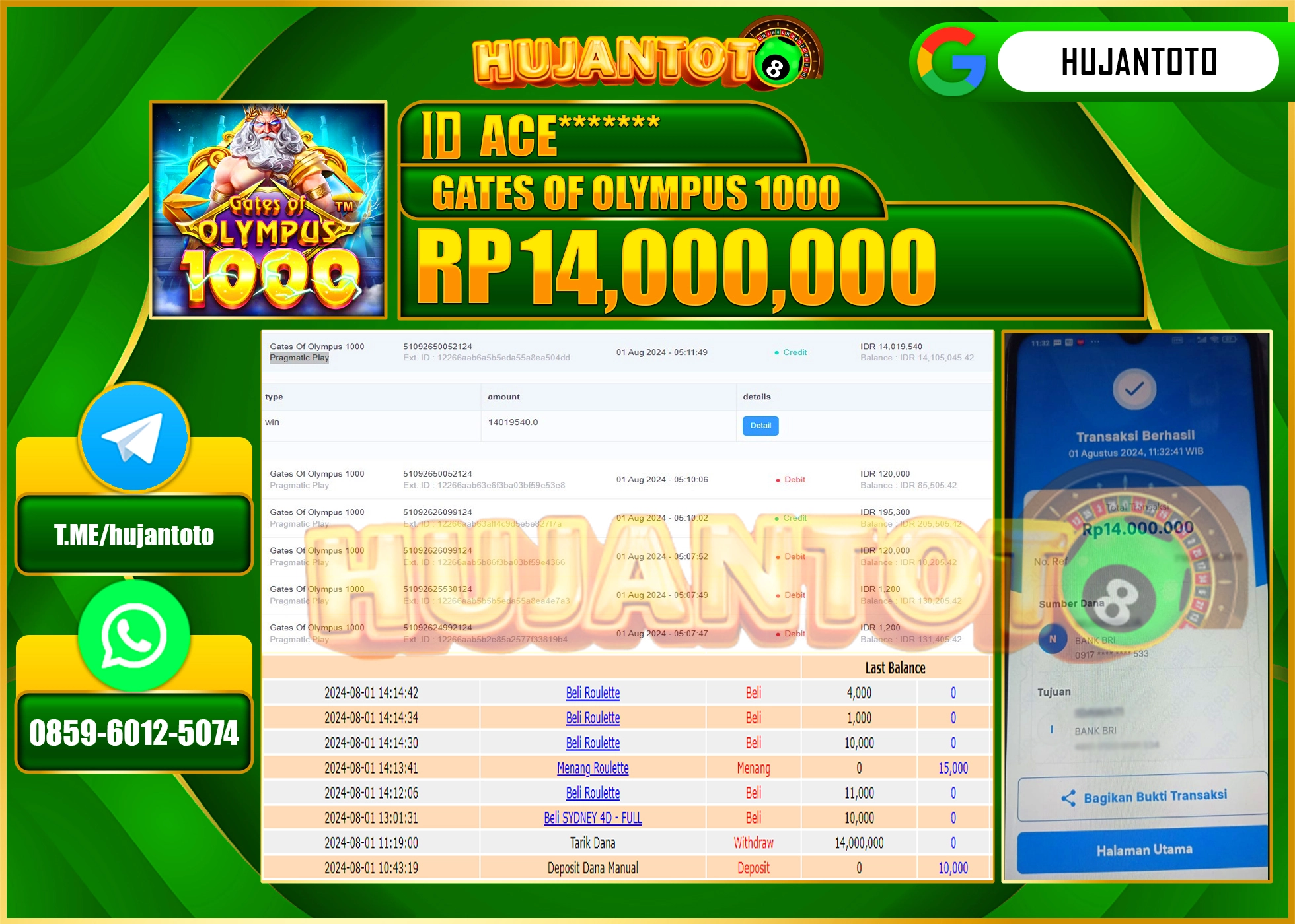 HUJANTOTO MENANG BESAR DI PERMAINAN SLOT GATES OF OLYMPUS 1000 14.000.000 - LUNAS 