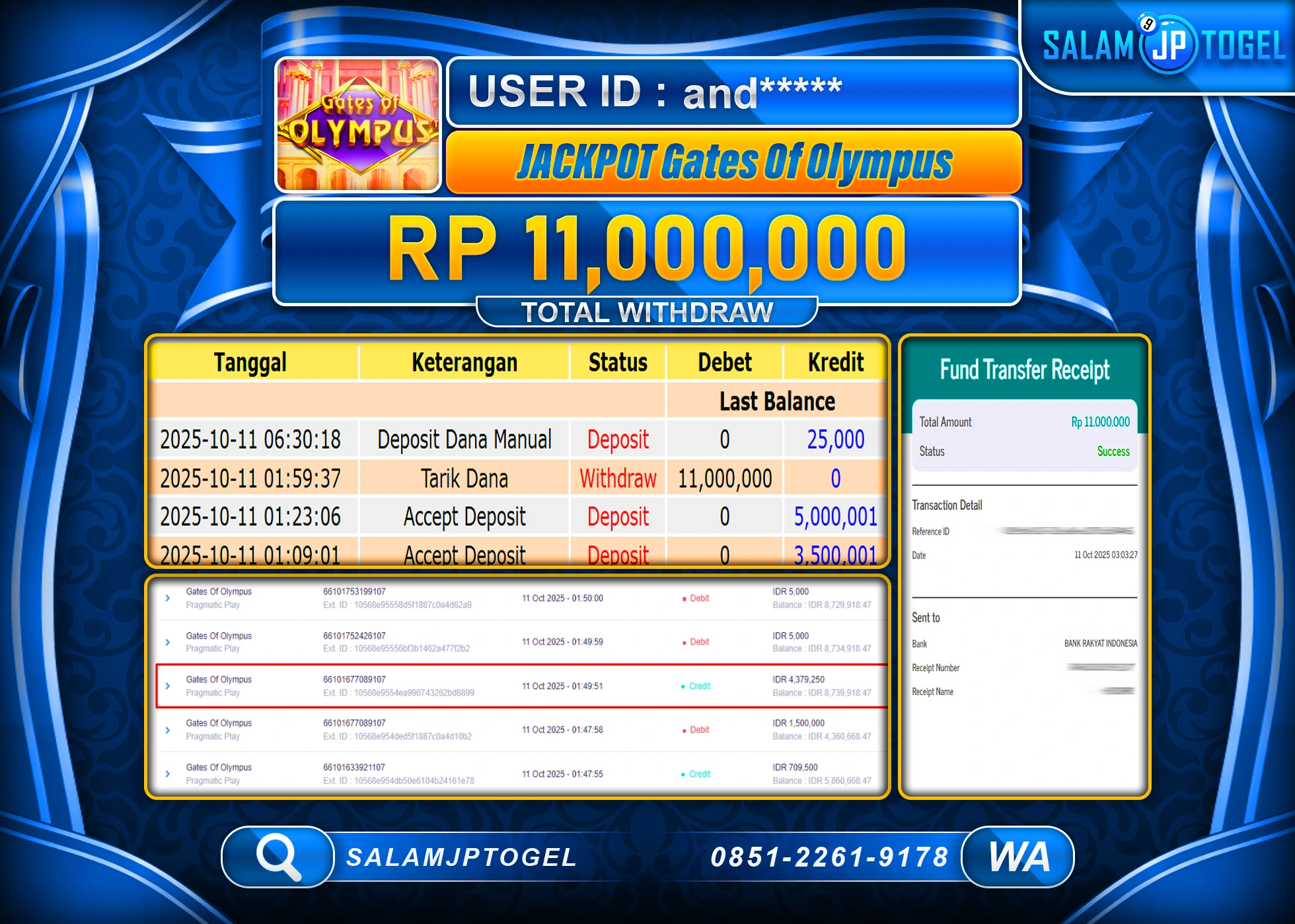 SALAMJPTOGEL MENANG GATES OF OLYMPUS Rp.11,000,000  - LUNAS