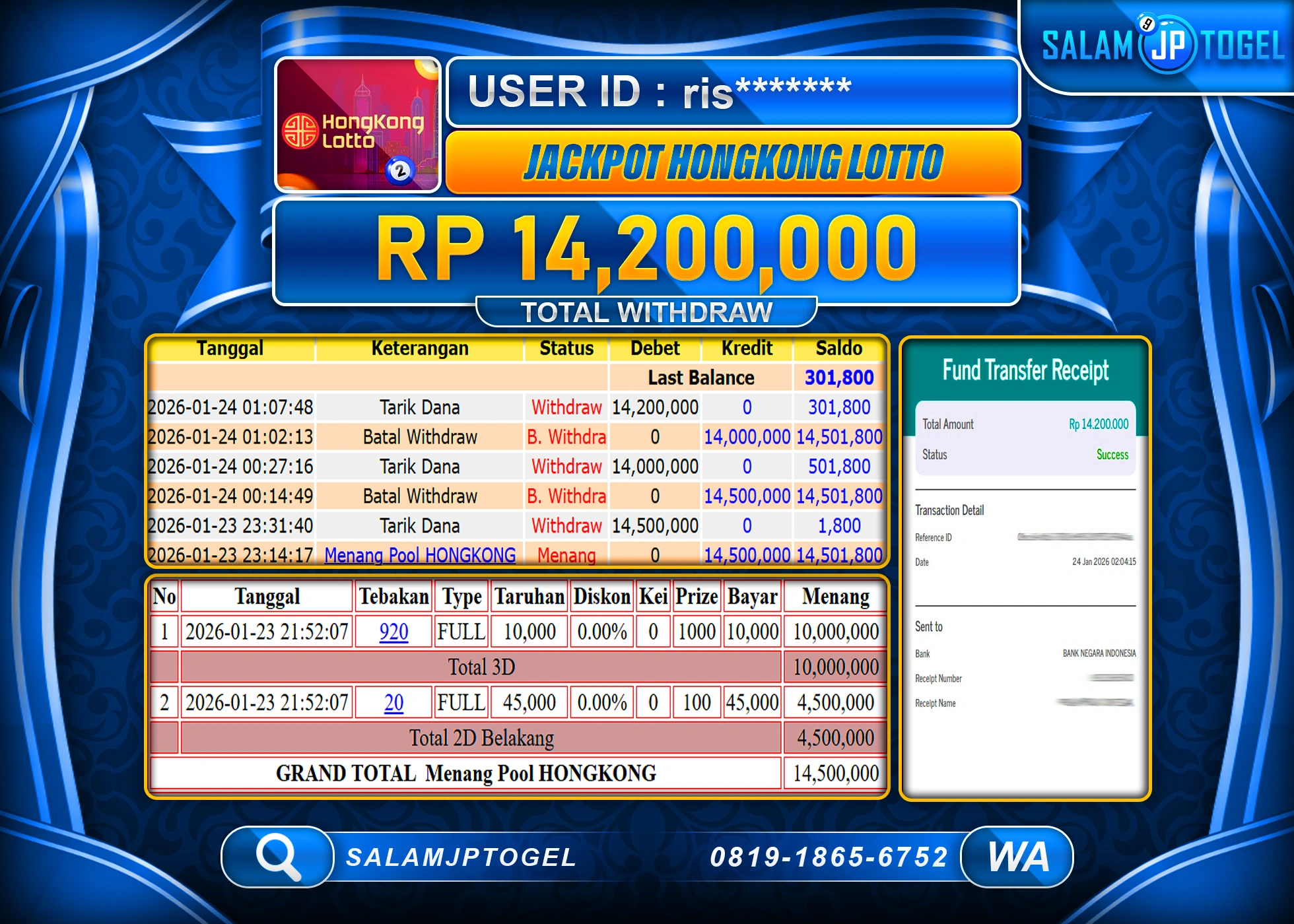 SALAMJPTOGEL JACKPOT HONGKONG LOTTO Rp.14,200,000 - LUNAS