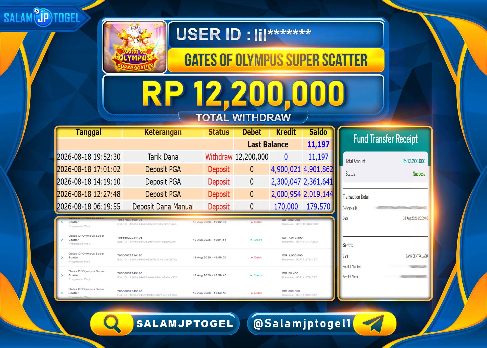 SALAMJPTOGEL JACKPOT MENANG GATES OF OLYMPUS SUPER SCATTER Rp.12,200,000 - LUNAS