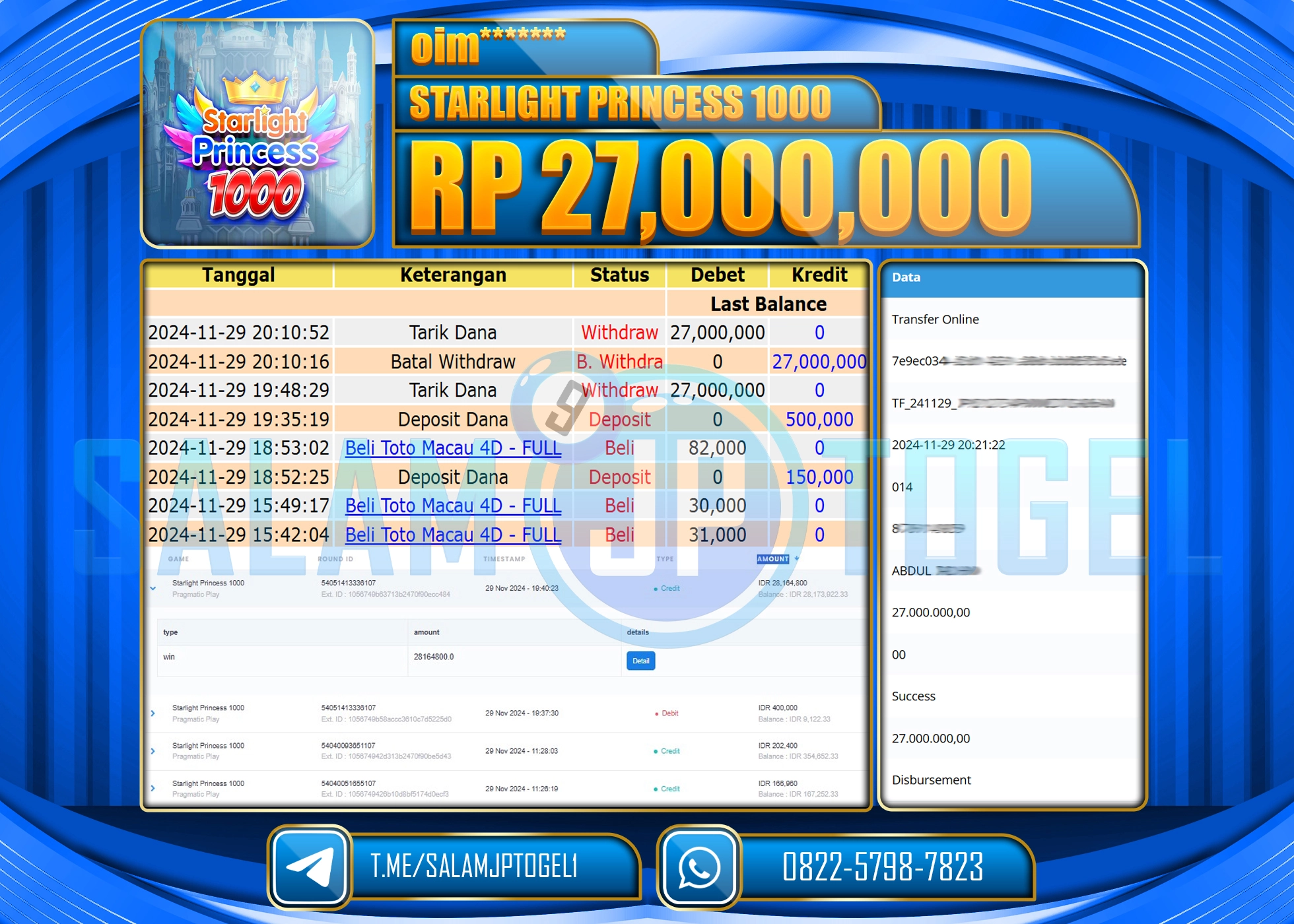 SALAMJPTOGEL MENANG SLOT STARLIGHT PRINCCES 1000 RP. 27,000,000 LUNAS