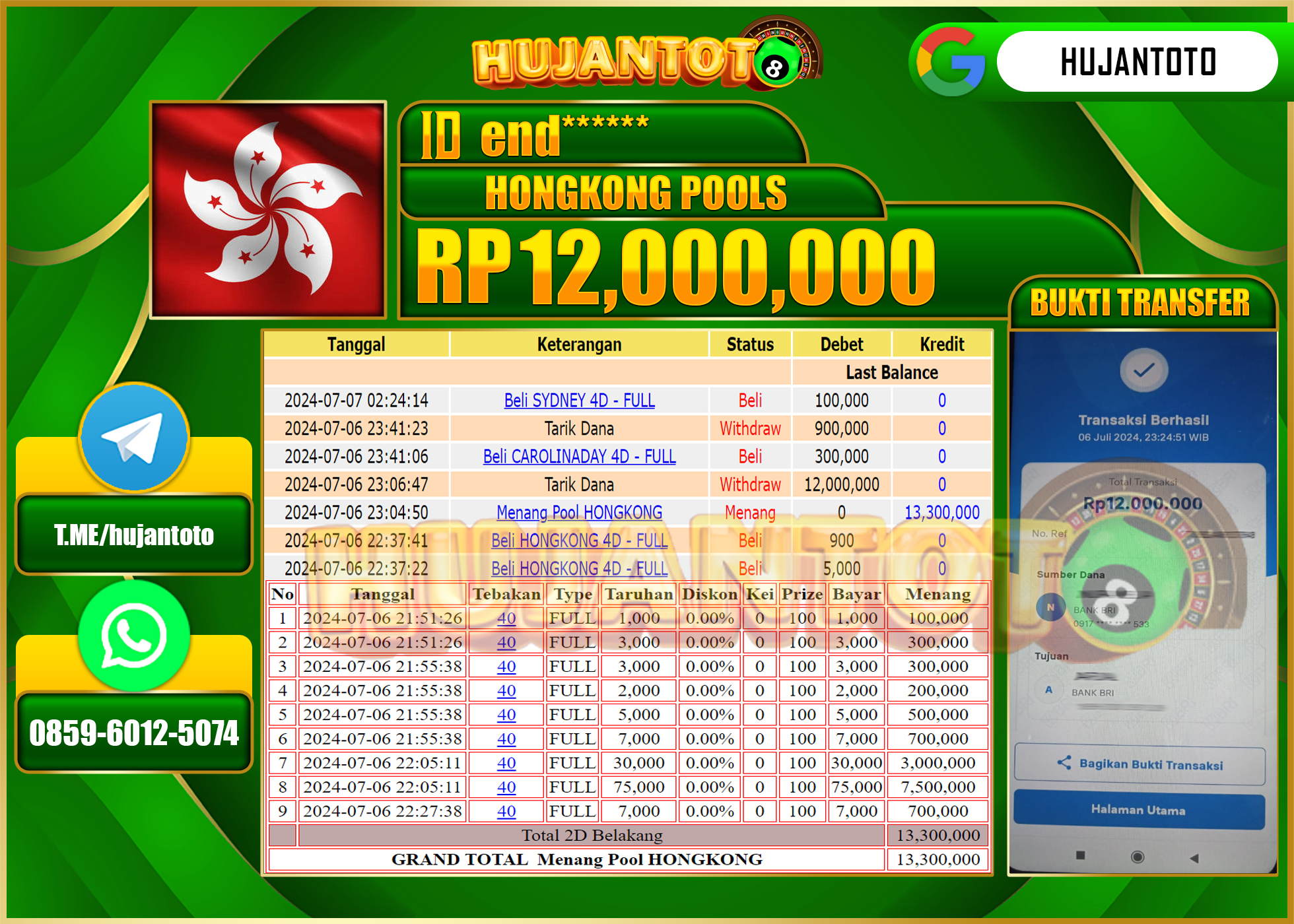 HUJANTOTO MENANG HONGKONG POOLS 12.000.000 - LUNAS 