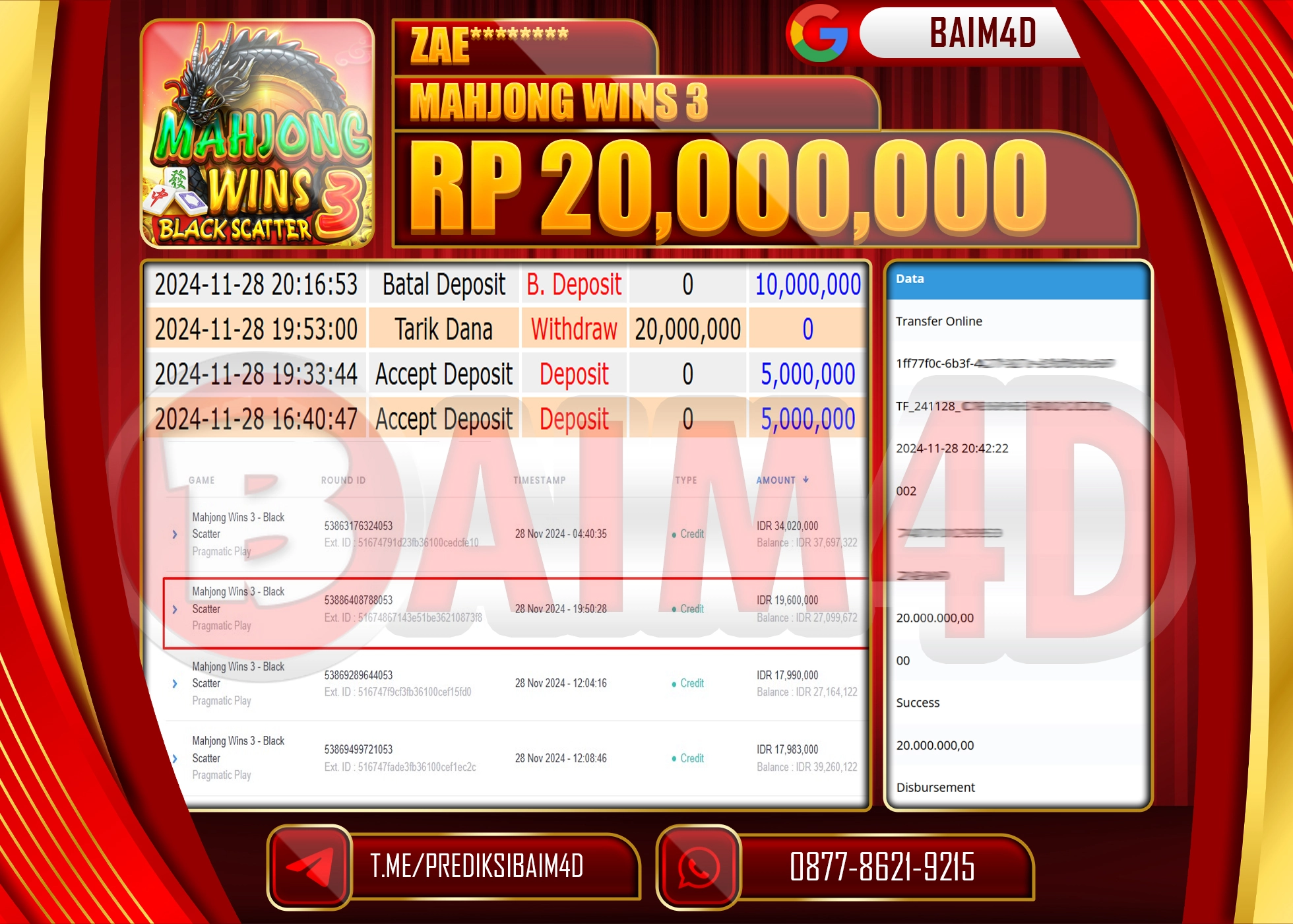 BAIM4D JACKPOT Mahjong Wins 3 - Black Scatter Play Rp.20.000,000.- LUNAS