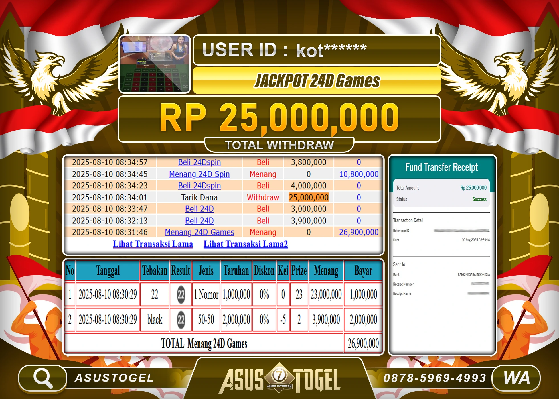 ASUSTOGEL KEMENANGAN DI LIVEGAME 24D SPIN GAMES SEBESAR 25,000,000- RUPIAH LUNAS