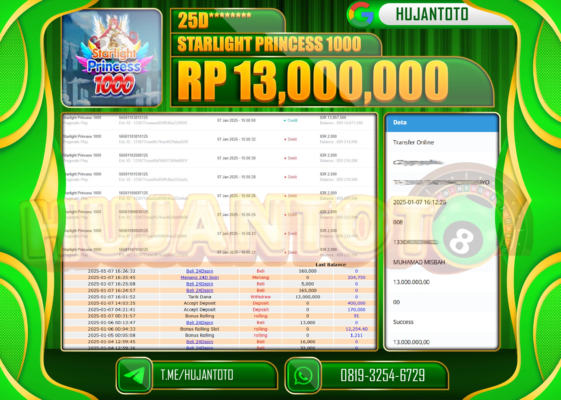HUJANTOTO - BUKTI JACKPOT DI PERMAINAN SLOT STARLIGHT PRINCESS 1000 Rp.13,000,000,- TERBAYAR LUNAS