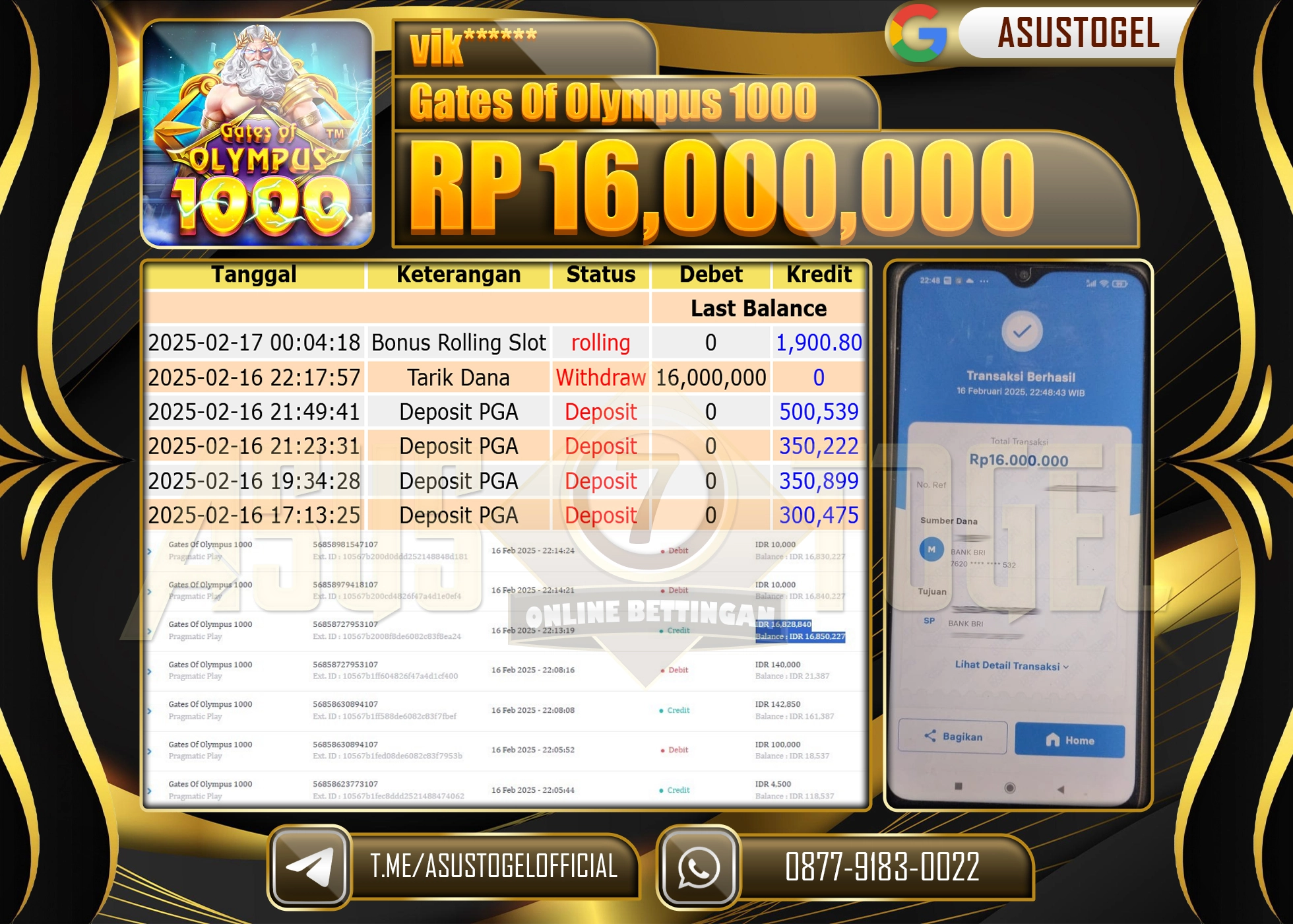 ASUSTOGEL KEMENANGAN DI GATES OF OLYMPUS 1000 SEBESAR 16,000,000 - RUPIAH LUNAS