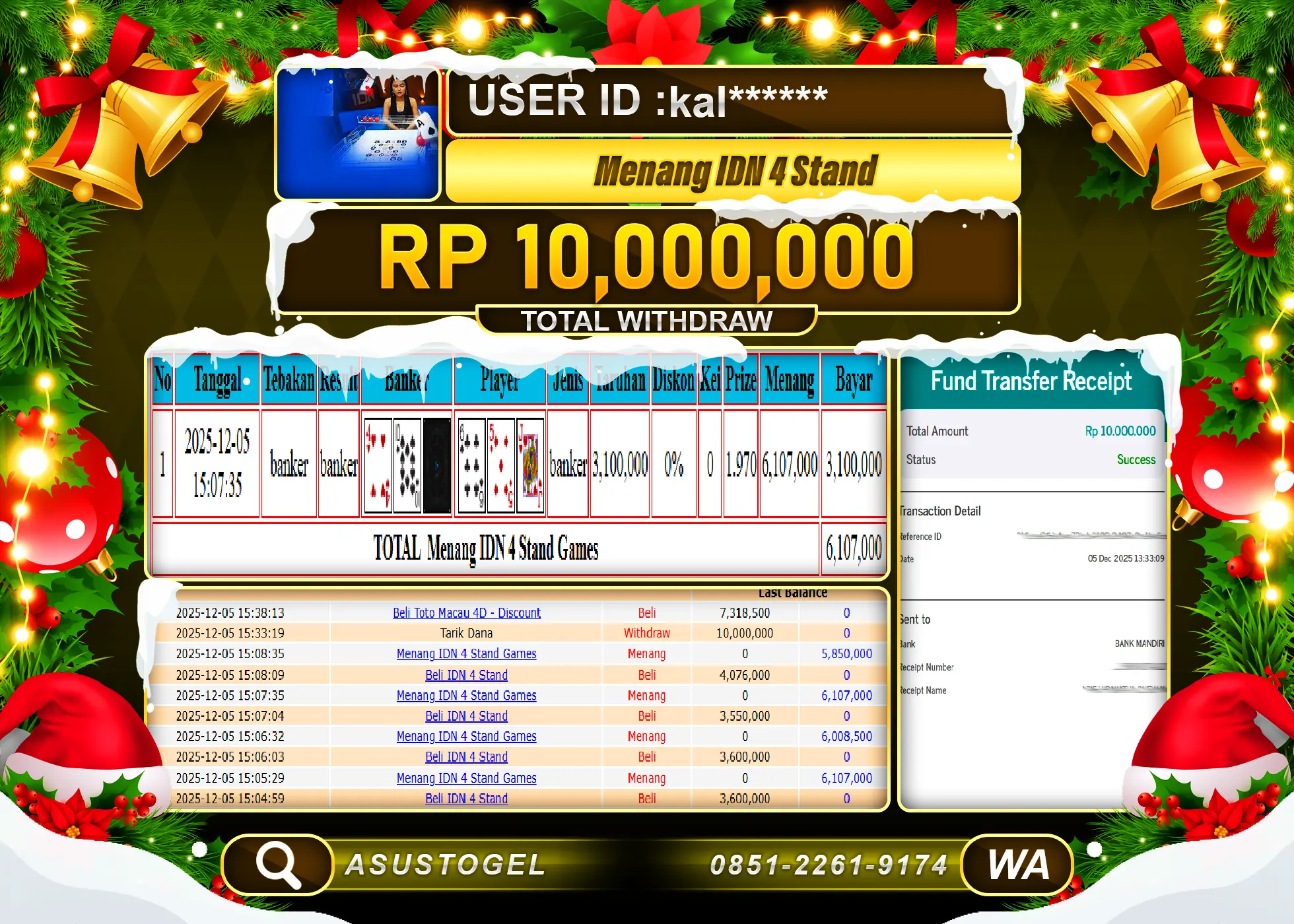 ASUSTOGEL KEMENANGAN DI TABLE GAME IDN 4 STAND SEBESAR 10,000,000 - RUPIAH LUNAS