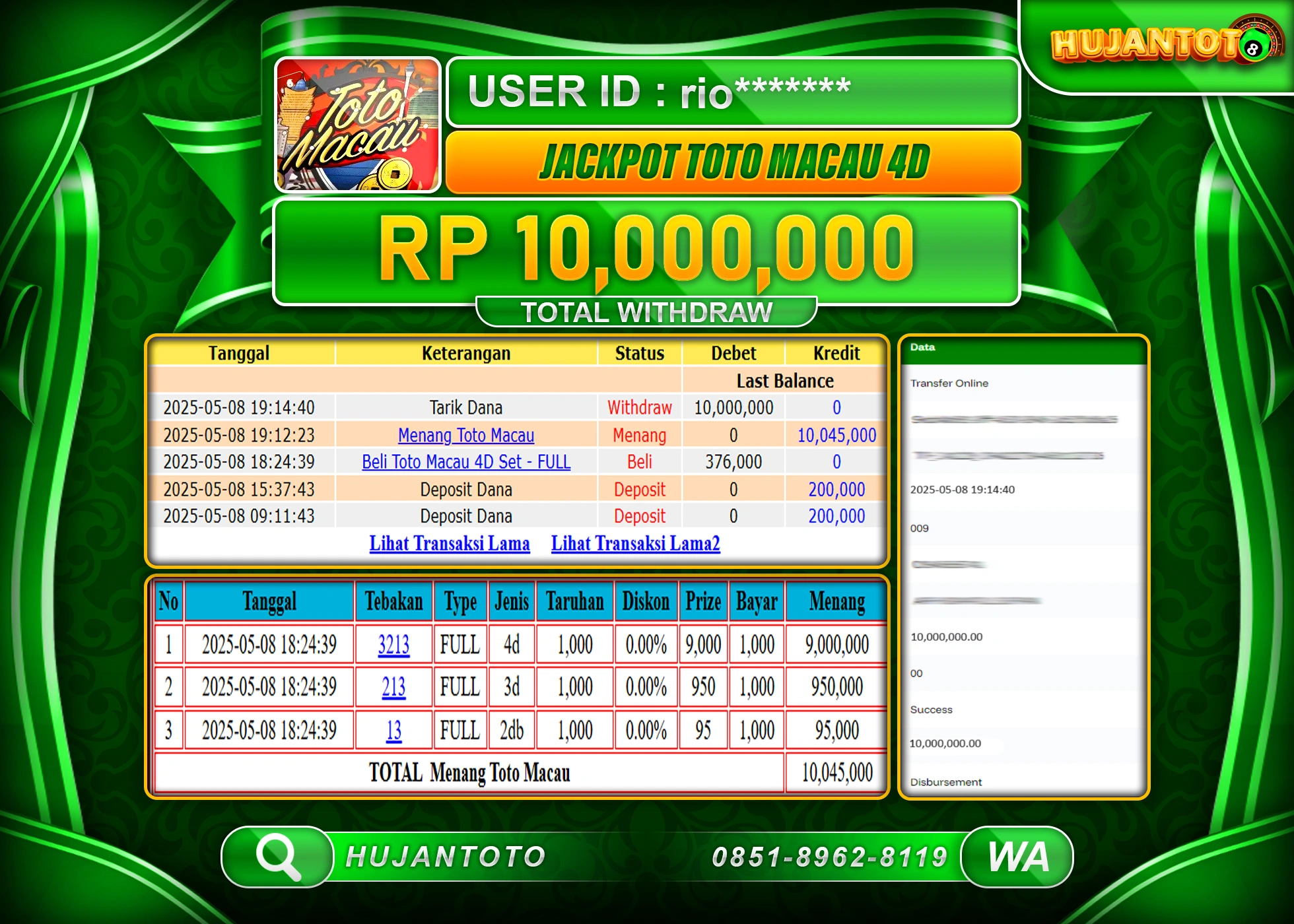 HUJANTOTO - BUKTI JACKPOT MENANG TOGEL TOTO MACAU 4D Rp,10,000,000 - TERBAYAR LUNAS