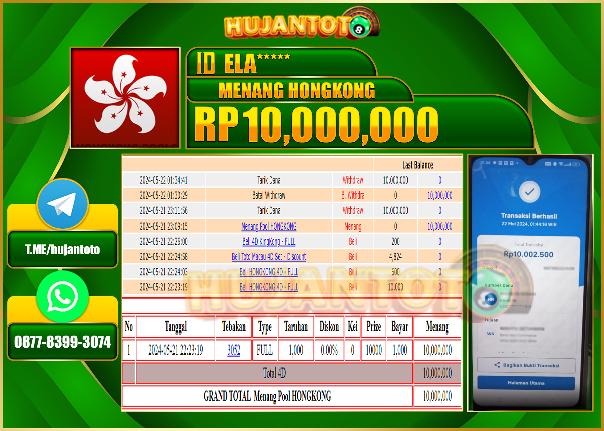 HUJANTOTO MENANG HONGKONG POOLS 10.000.000 - LUNAS 