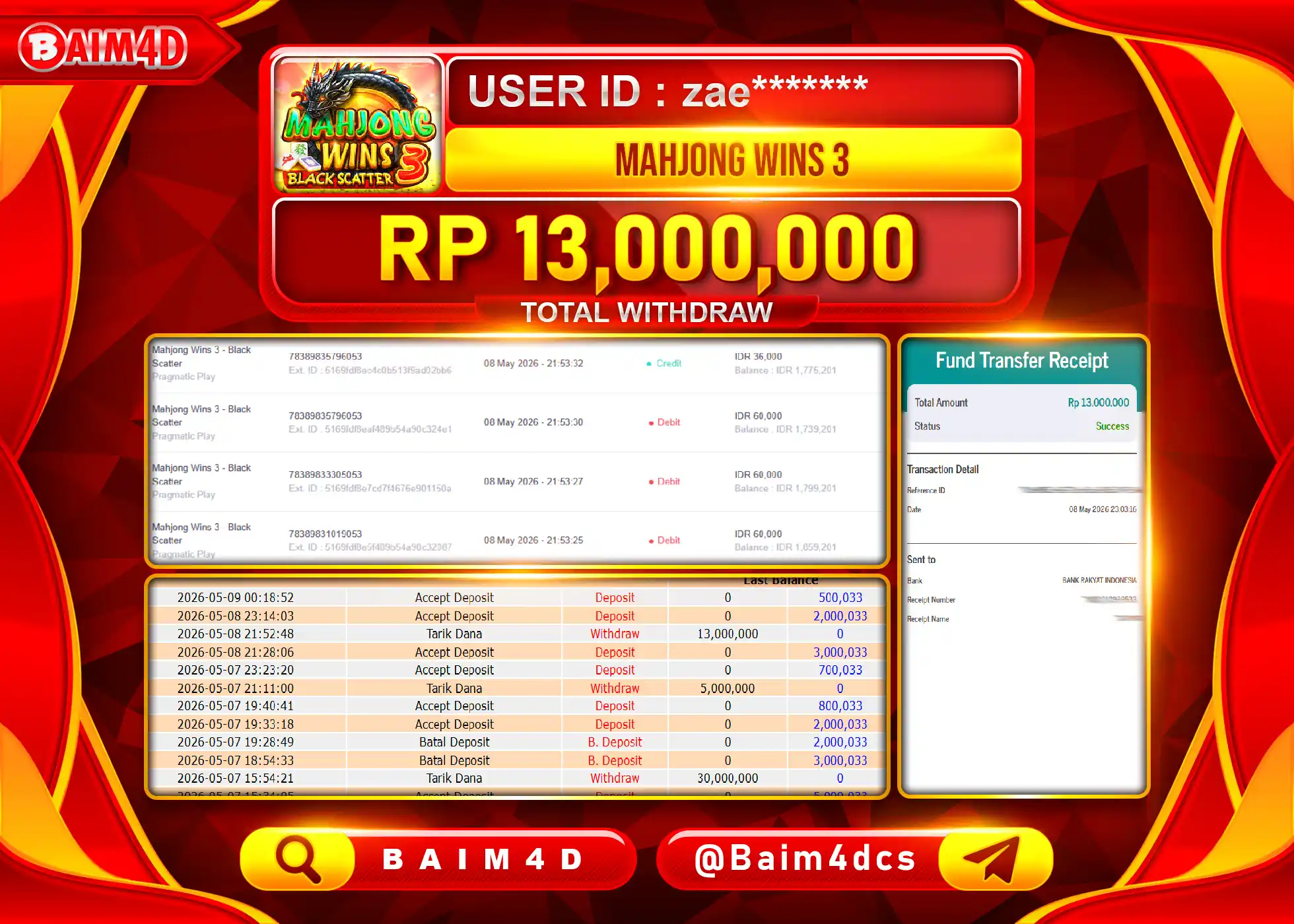 BAIM4D JACKPOT SLOT MAHJONG WINS 3 Rp.13,000,000 - LUNAS