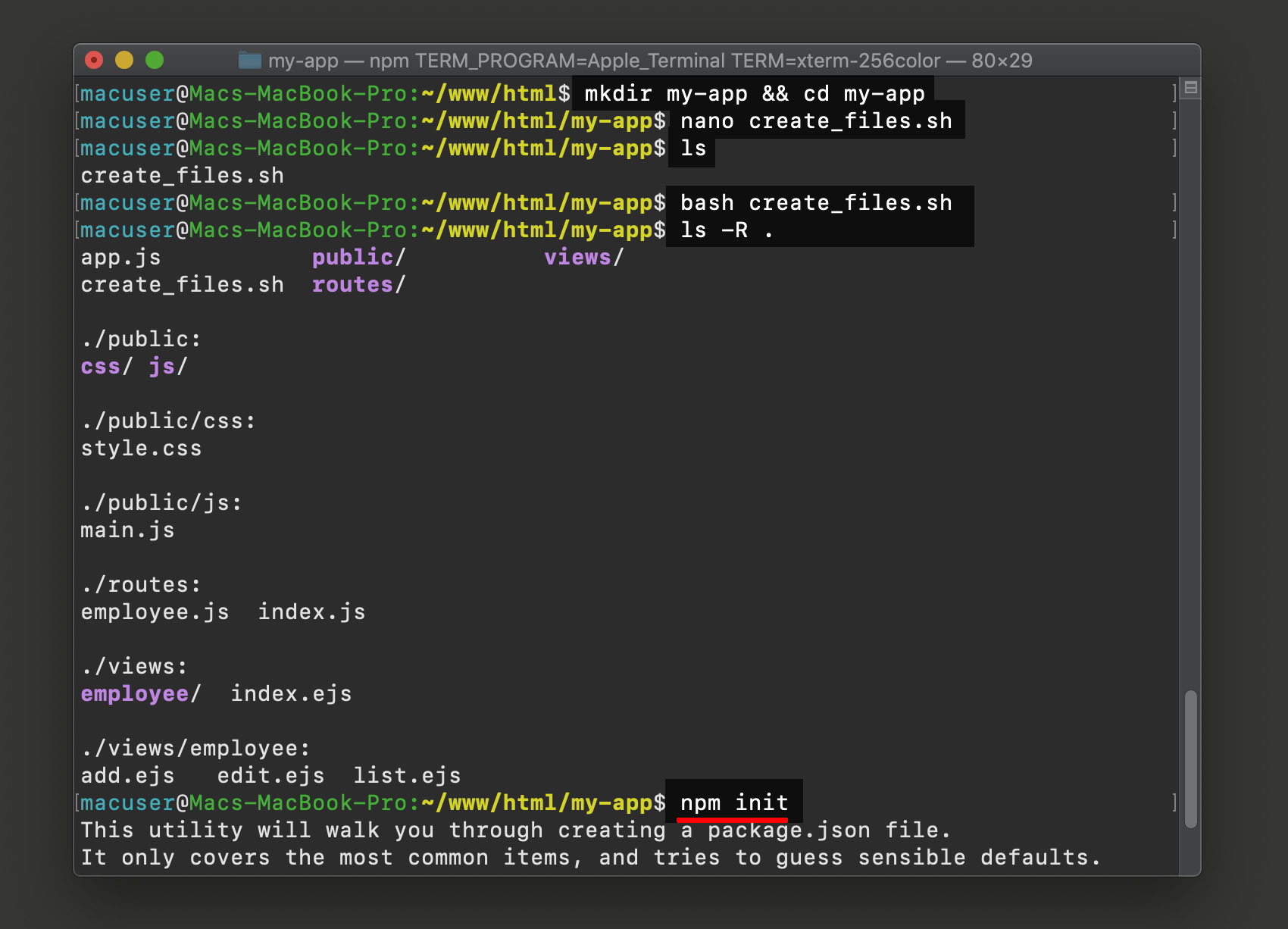 Screenshot of a UNIX terminal listing ls du all of the Postgres Node app's files and subdirectories