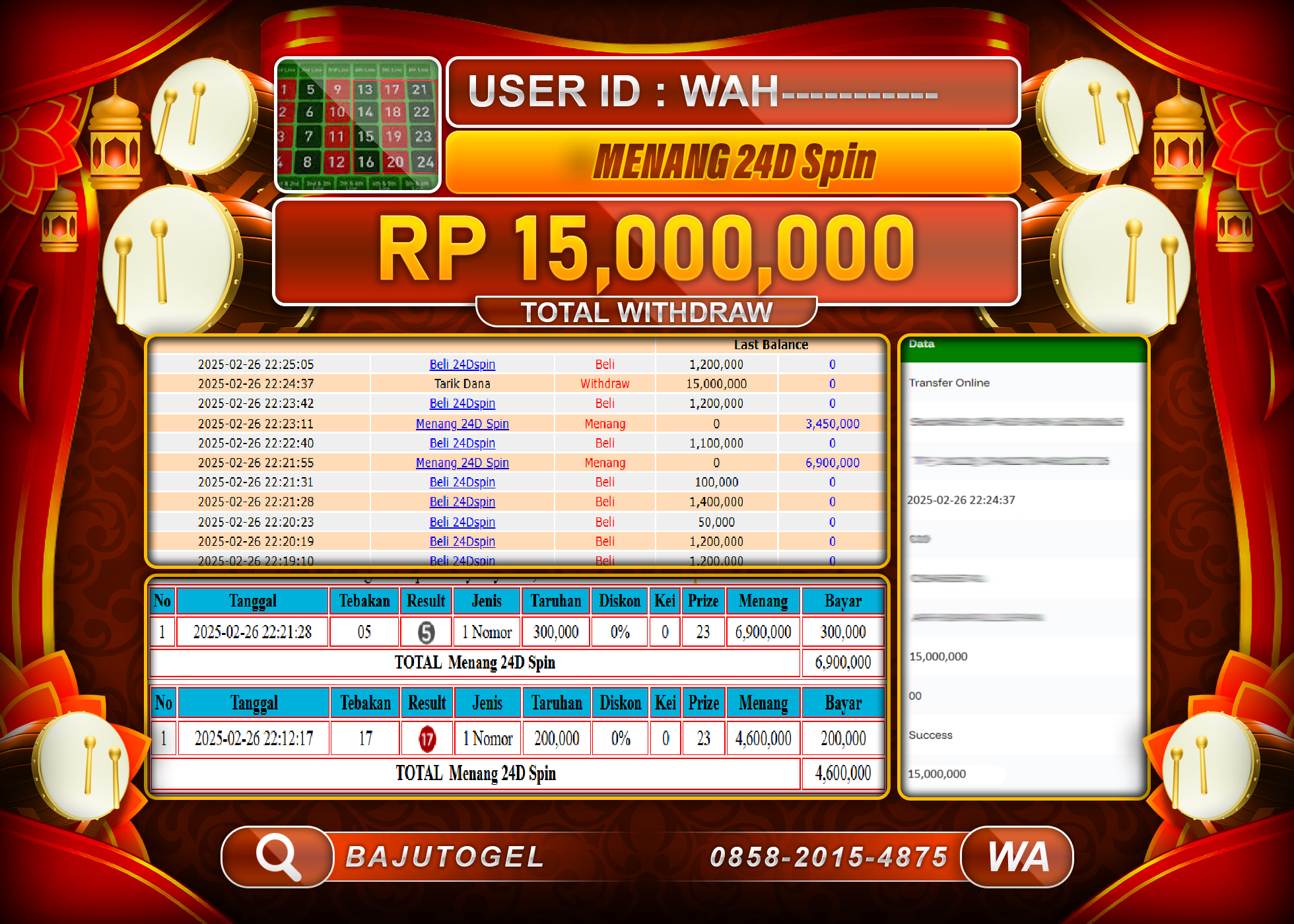 BAJUTOGEL KEMENANGAN LIVE GAMES 24D SPIN Rp.15.000.000 LUNAS