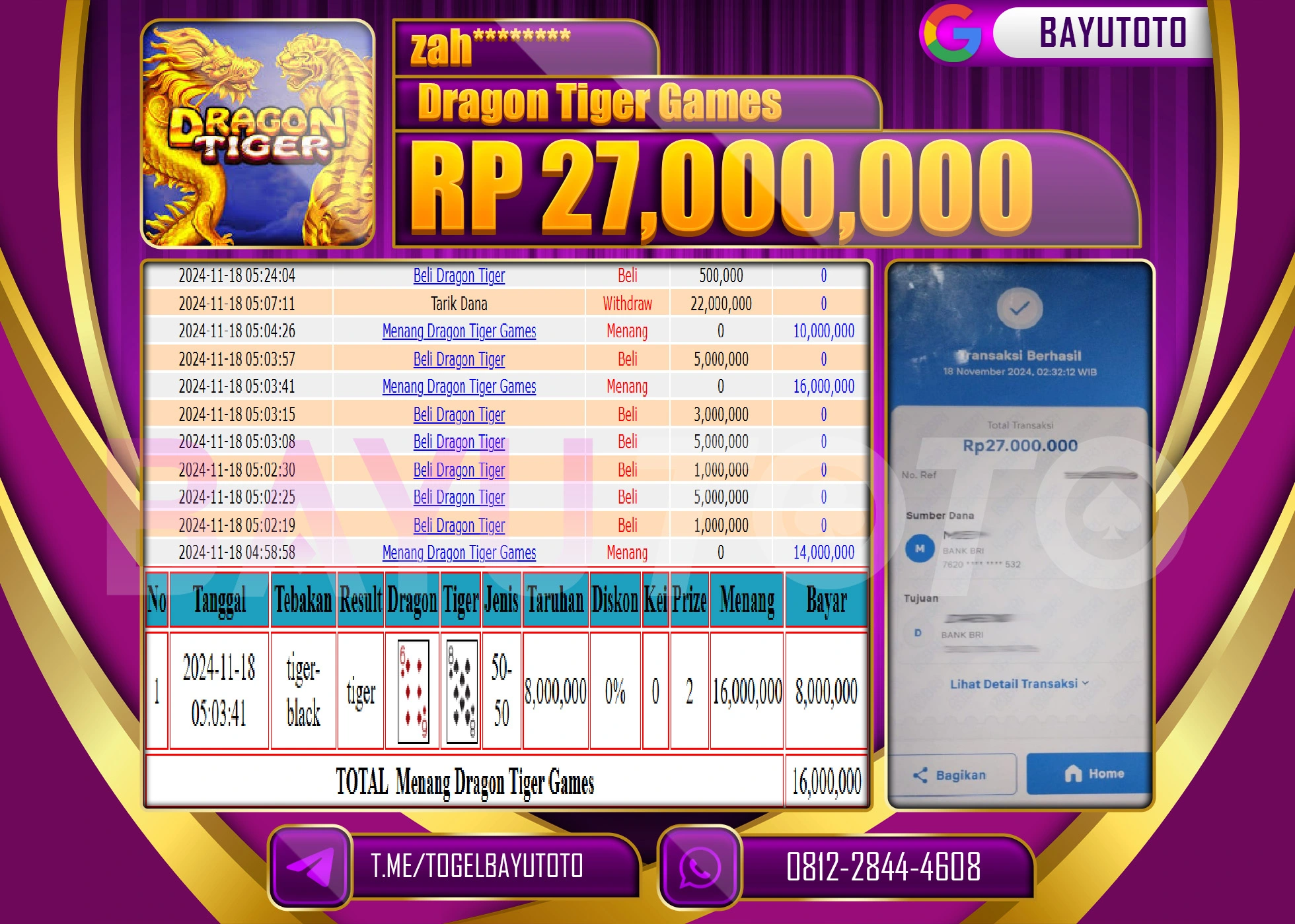BAYUTOTO MENANG LIVE CASINO DRAGON TIGER GAMES 27,000,000 - LUNAS