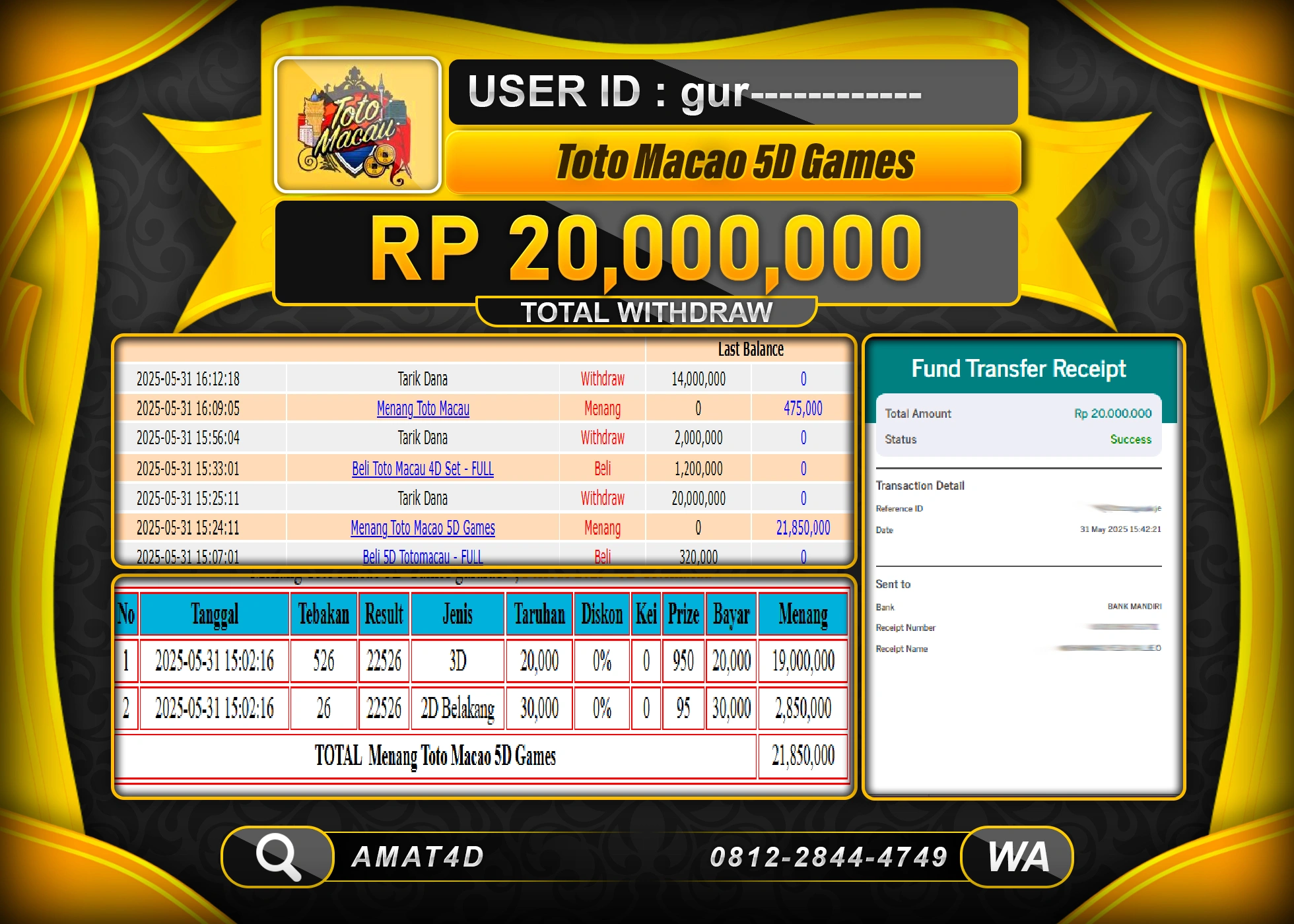 AMAT4D KEMENANGAN JACKPOT TOTO MACAU 5D Rp.20.000.000 BERHASIL TERBAYAR LUNAS