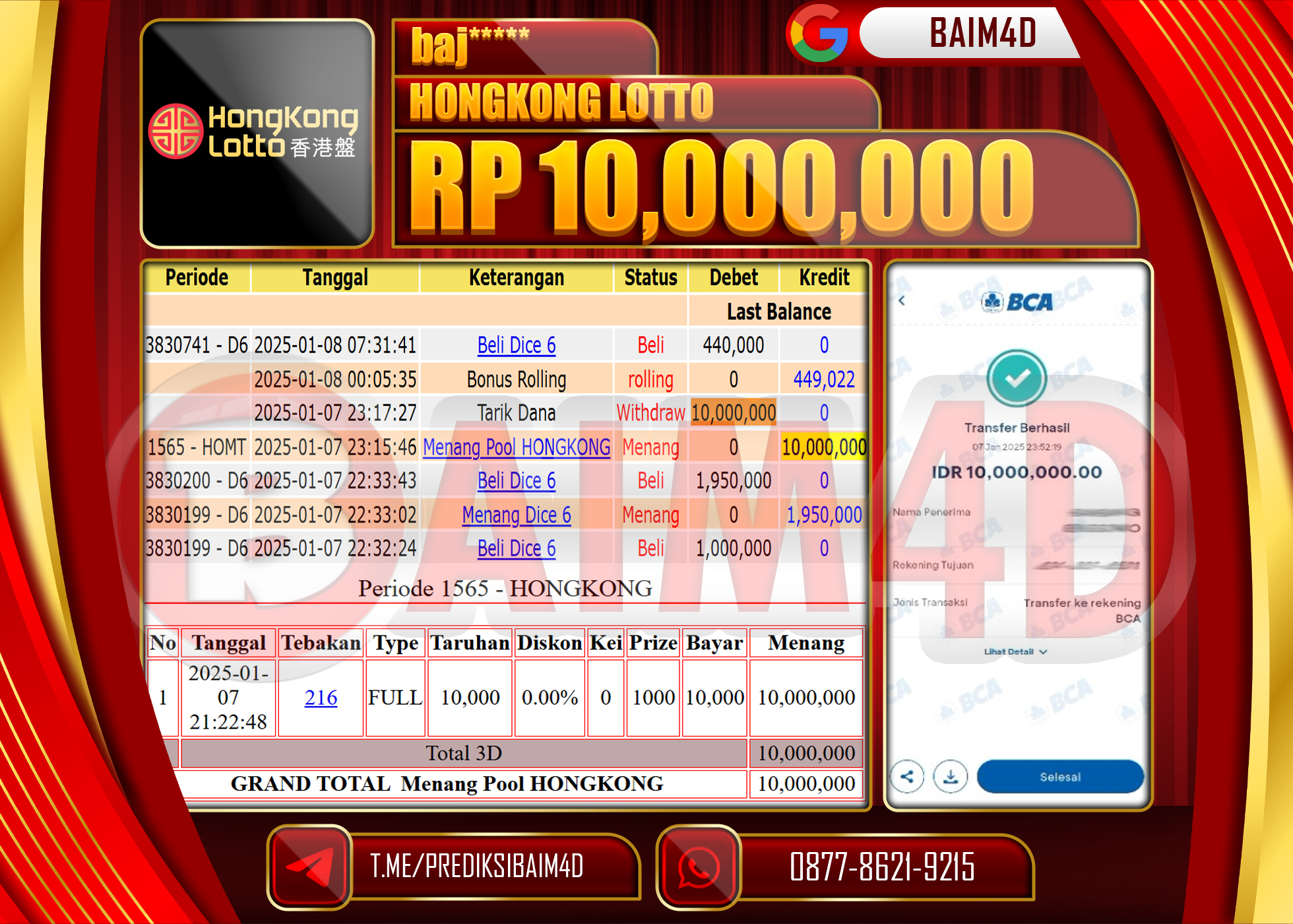 BAIM4D JACKPOT Menang TOGEL HONGKONG Rp.10,000,000.- LUNAS