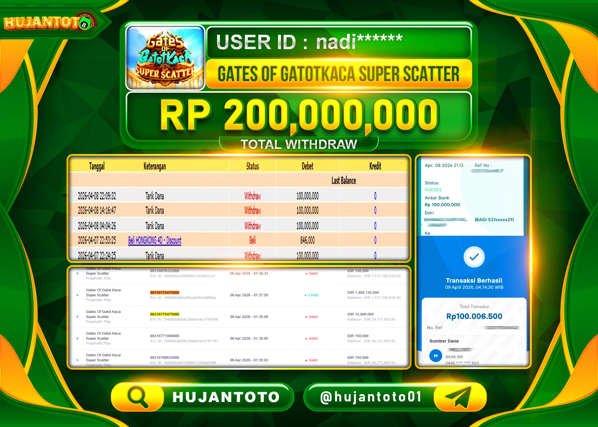 HUJANTOTO - BUKTI JACKPOT MENANG GATES OF GATOT KACA SUPER SCATTER Rp.200,000,000 - TERBAYAR LUNAS